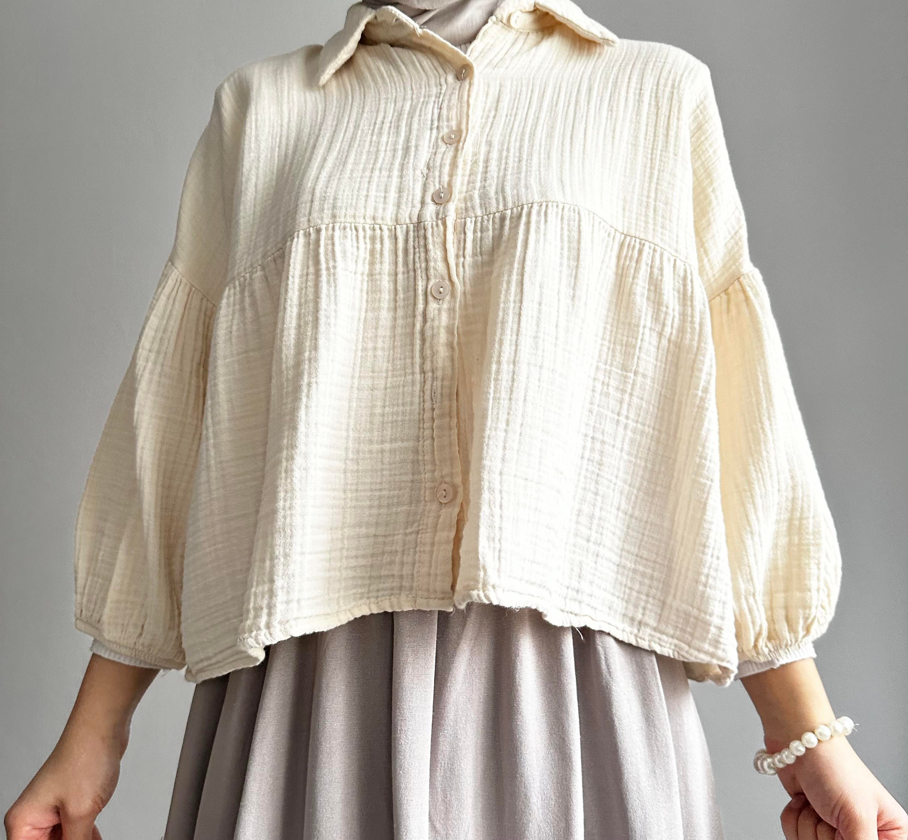 Bej Balon Kol Müslin Gömlek