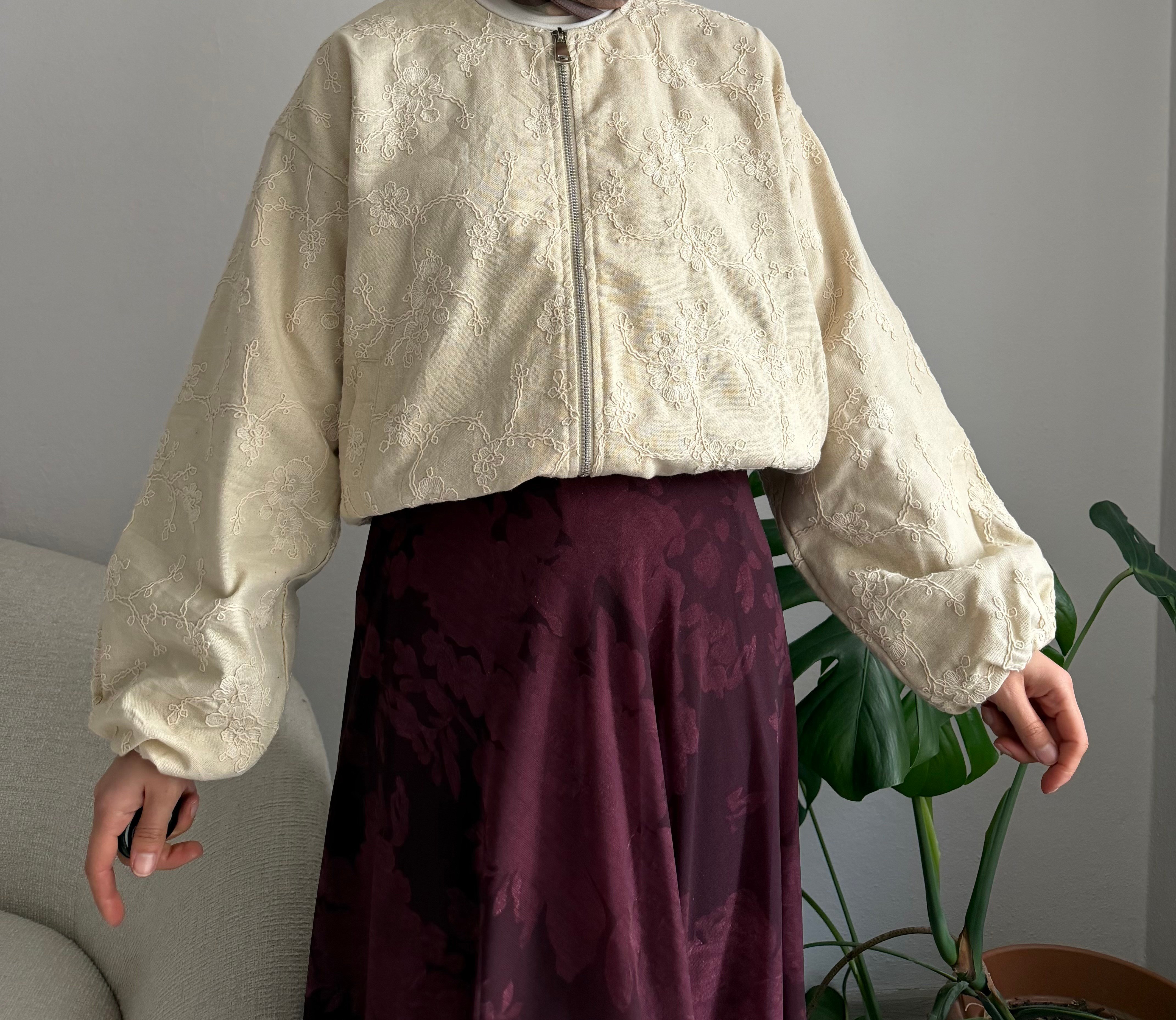 Bej Nakışlı Keten Bomber Ceket