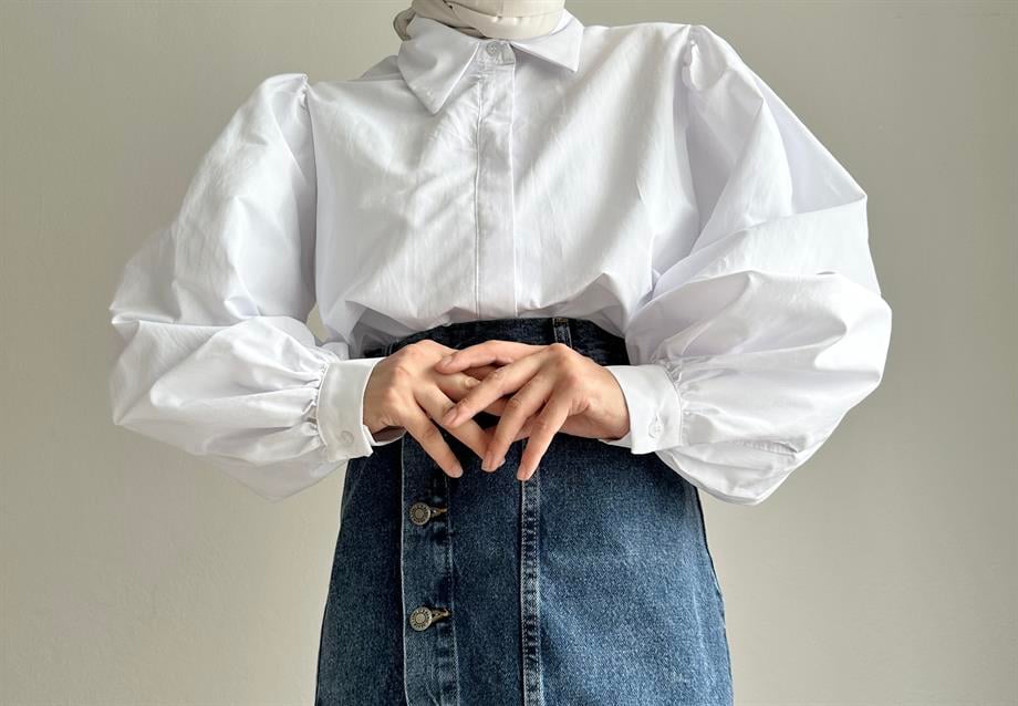 Beyaz Balon Kol Gömlek