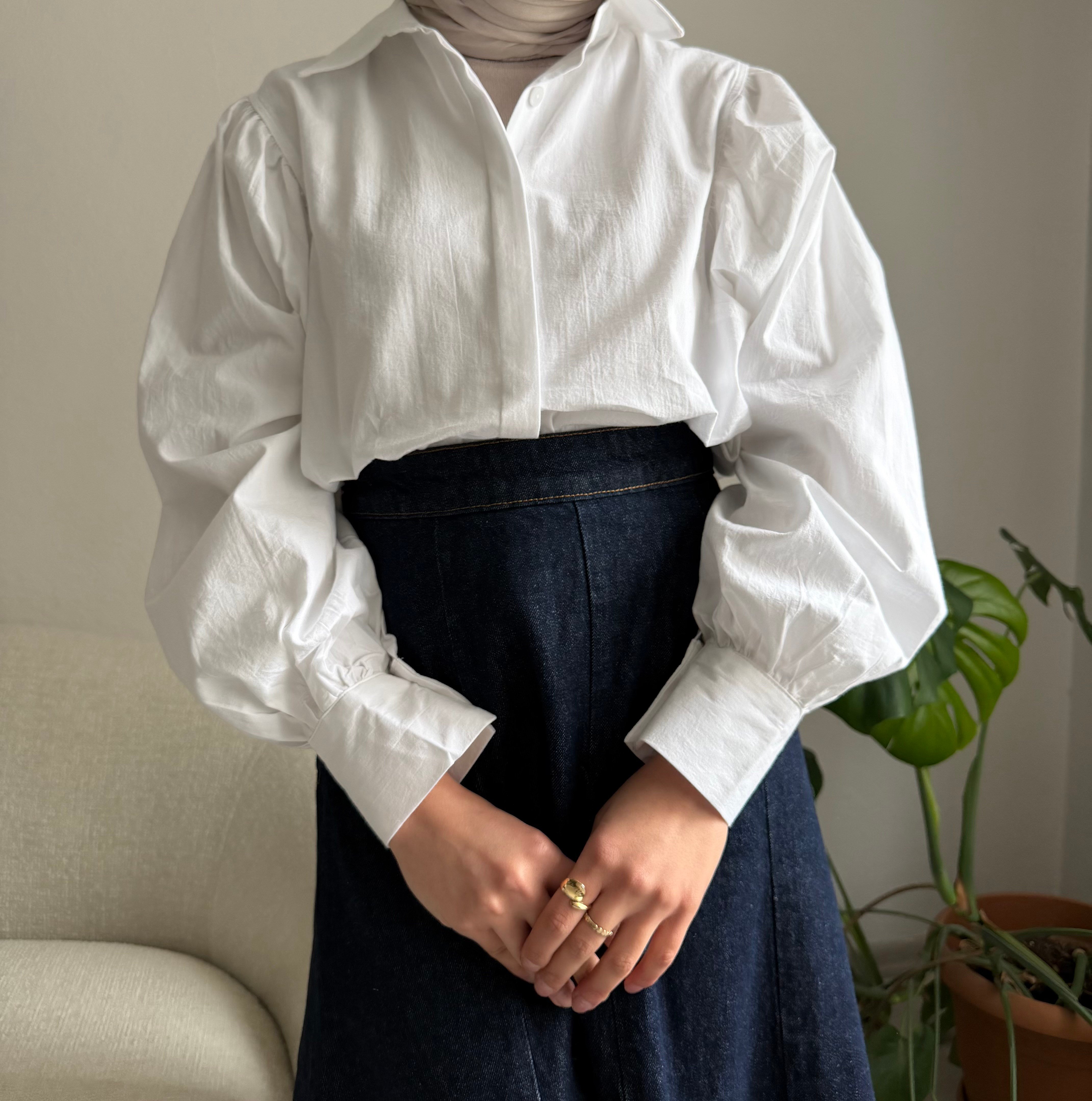 Beyaz Balon Kol Poplin Gömlek