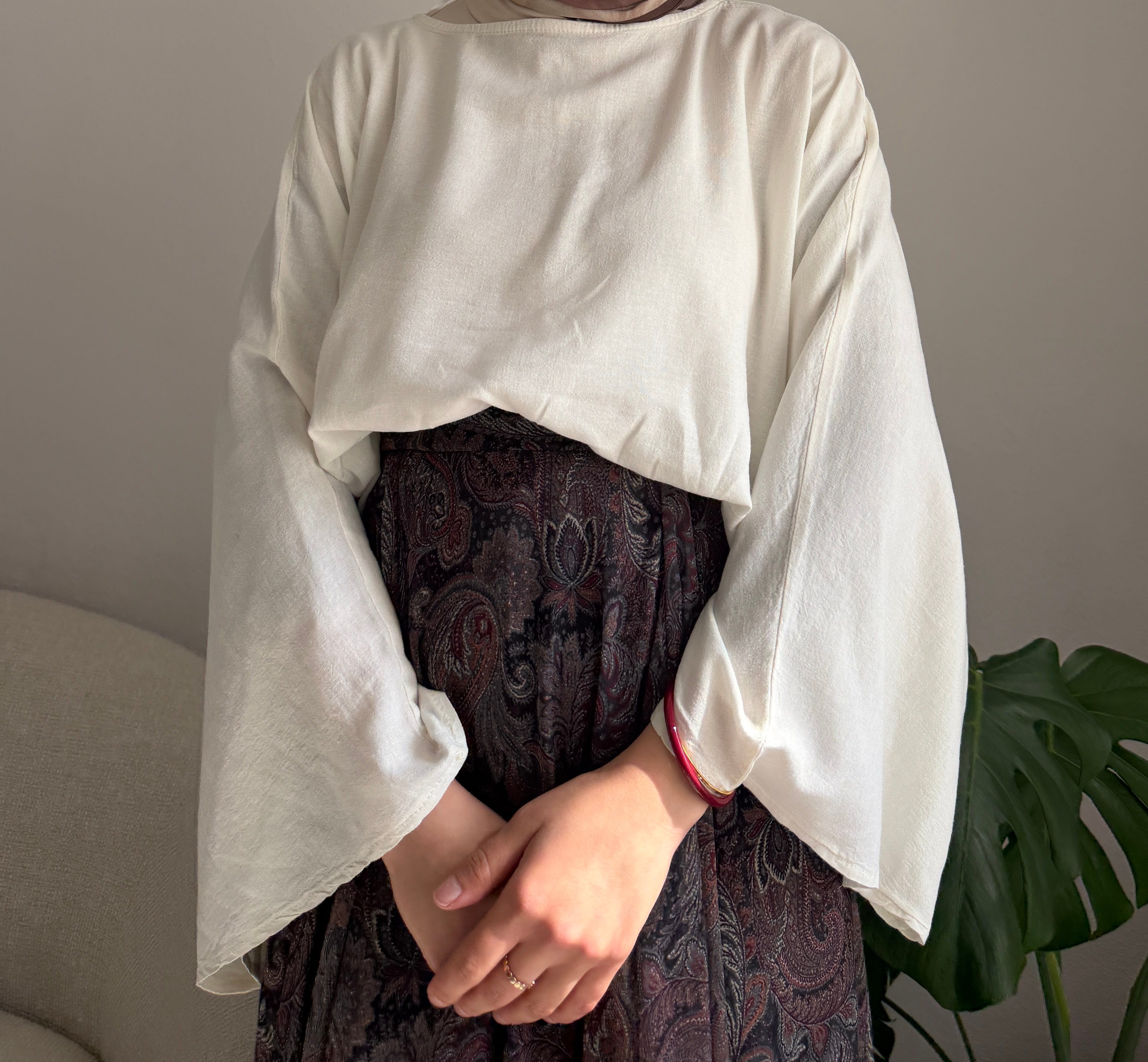 Beyaz Keten Geniş Kol Bluz