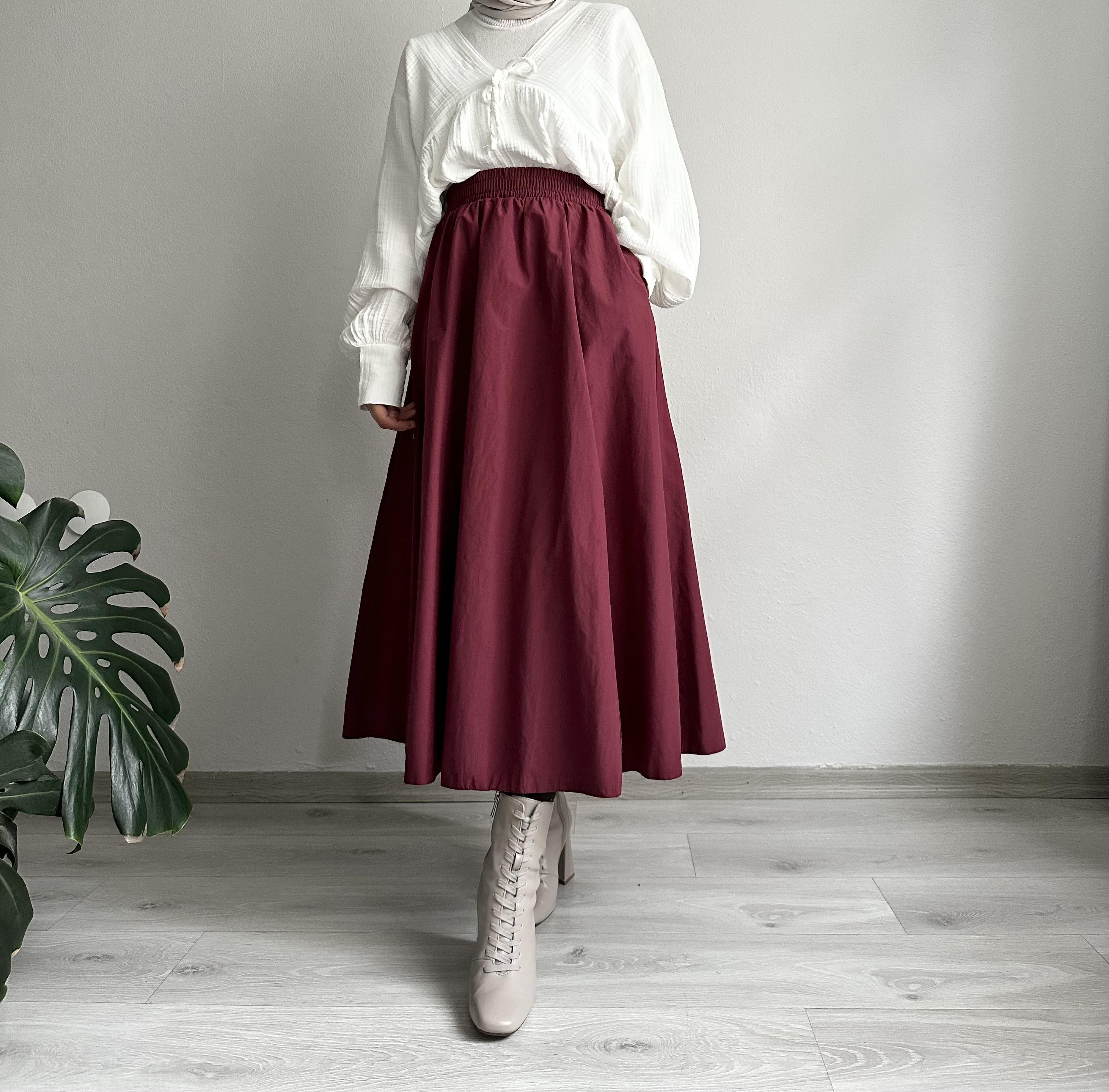 Bordo Beli Lastikli Kloş Etek