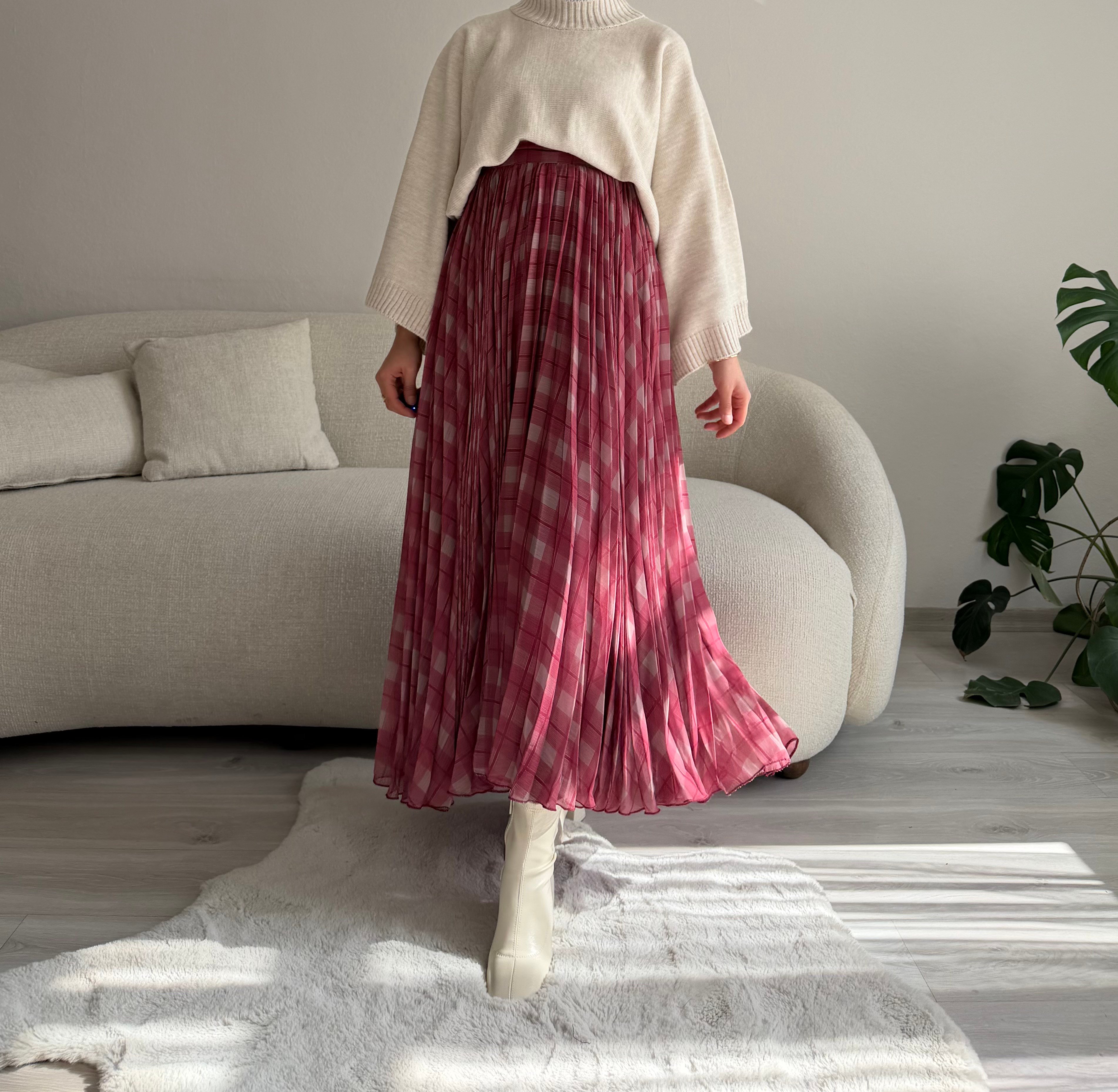 Bordo Ekose Şifon Etek