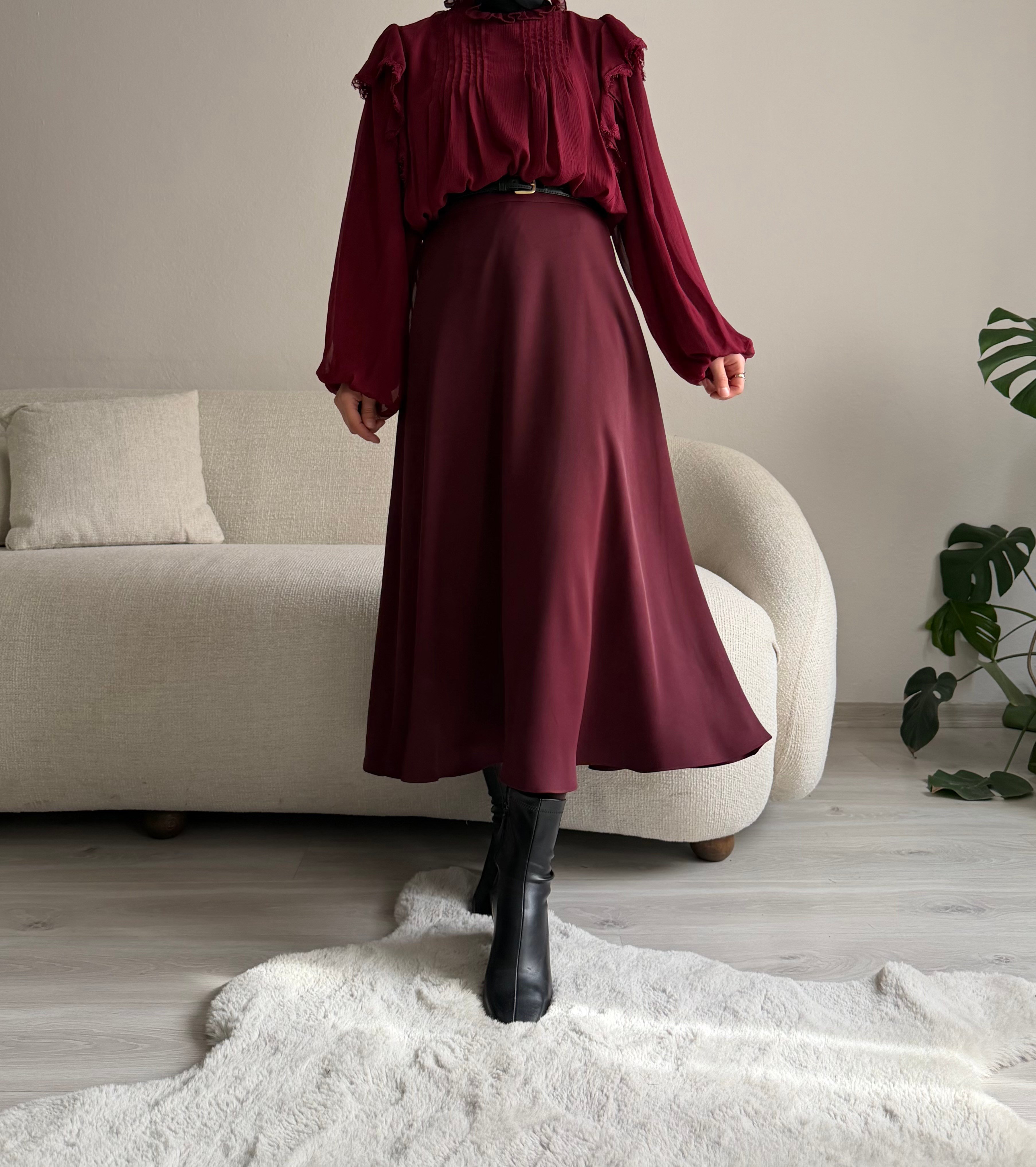 Bordo Krep Kloş Etek