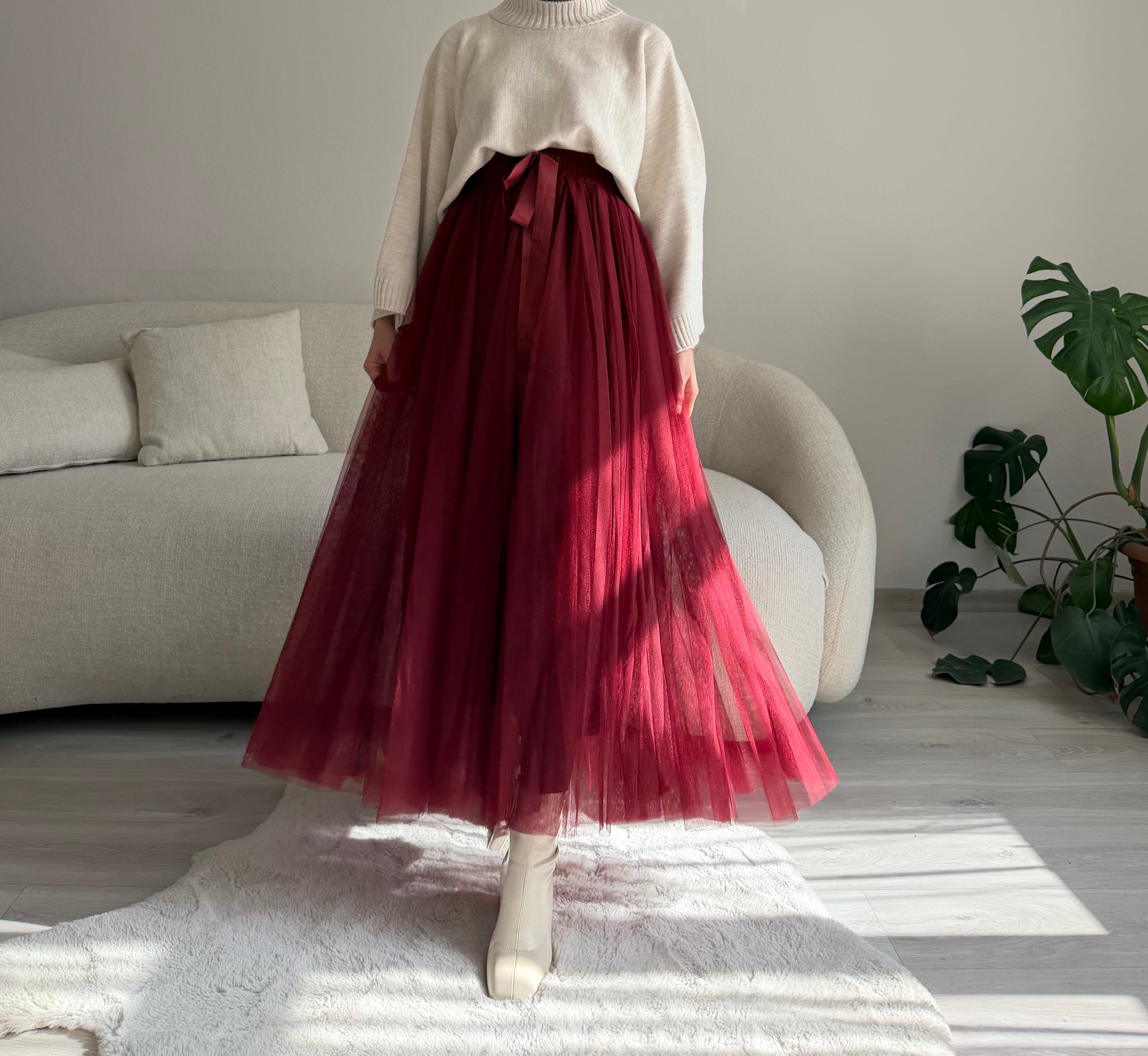 Bordo Tül Kloş Etek