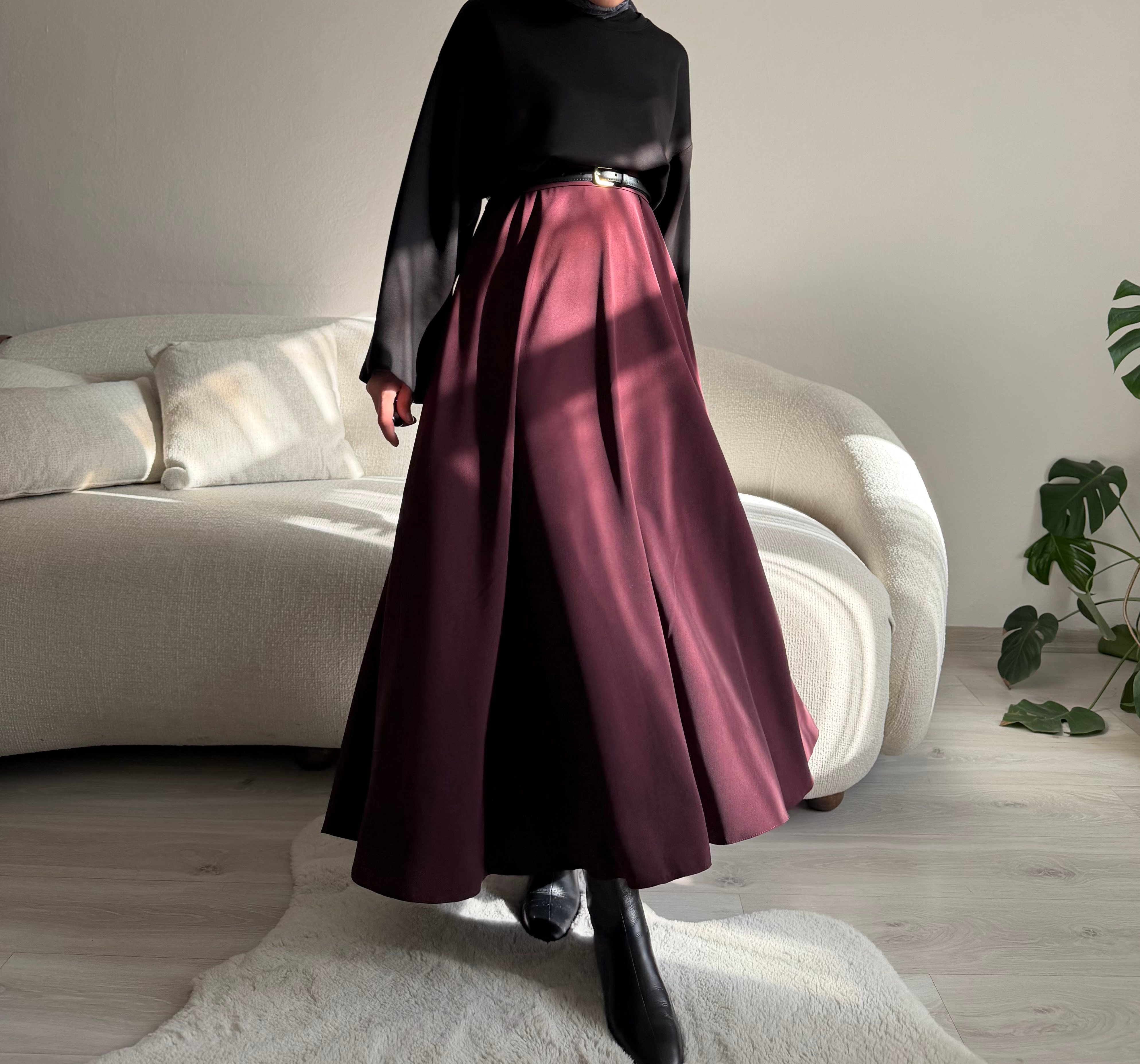 Burgundy İthal Krep Kloş Etek