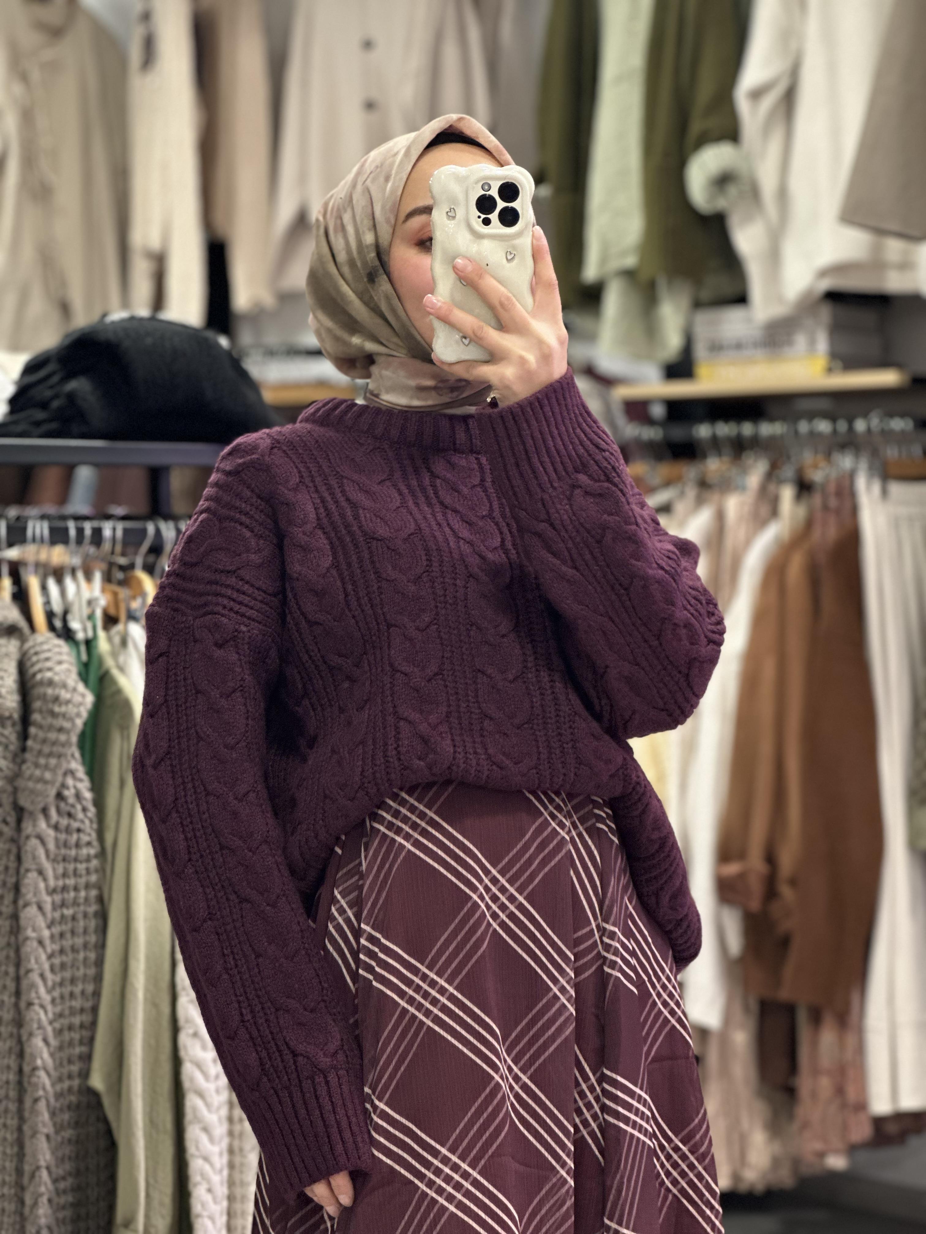 Burgundy Saç Örgü Kazak