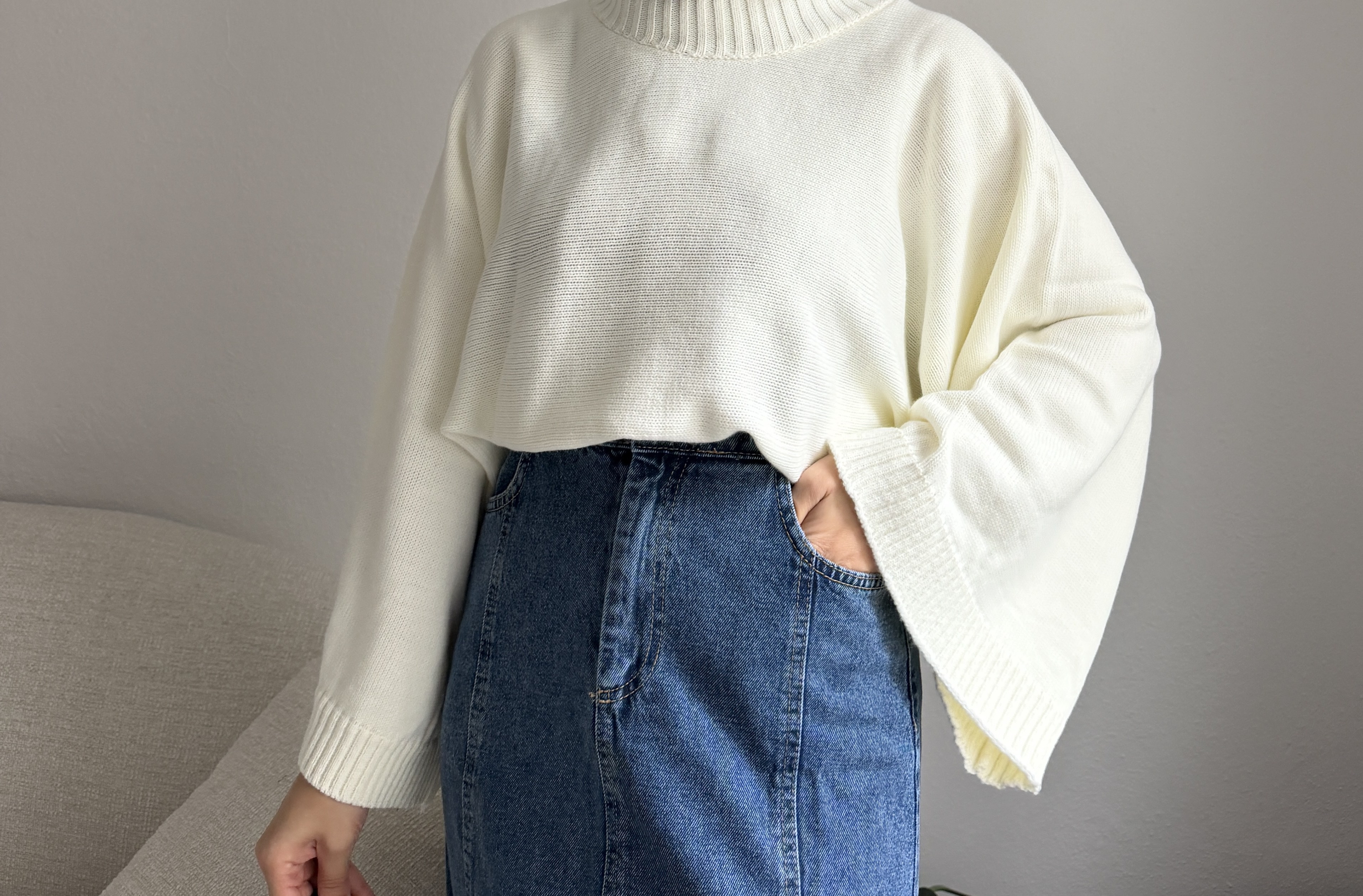 Ekru Geniş Kol Oversize Kazak