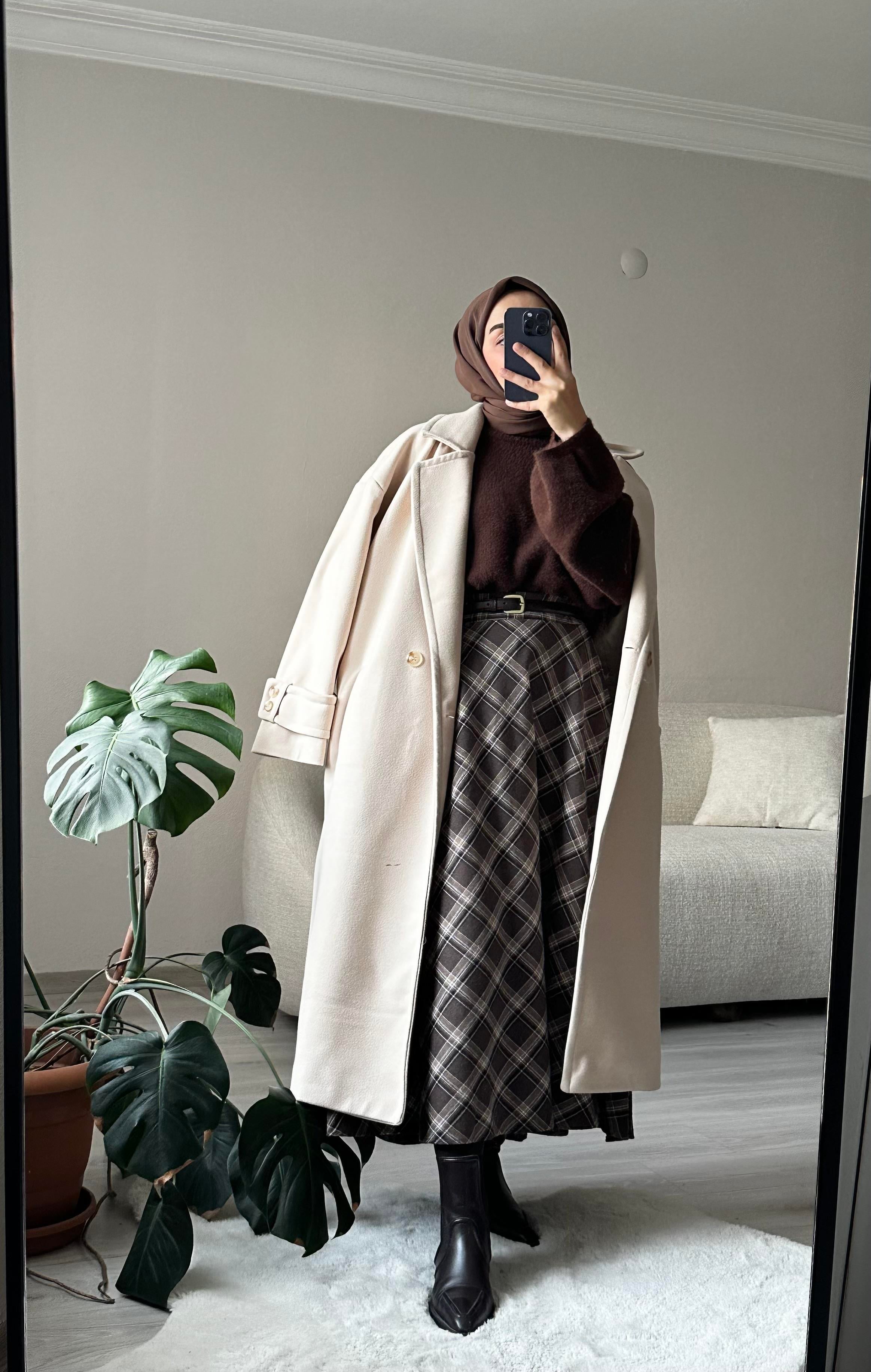 Ekru Kruvaze Kaşe Kaban-Astarlı