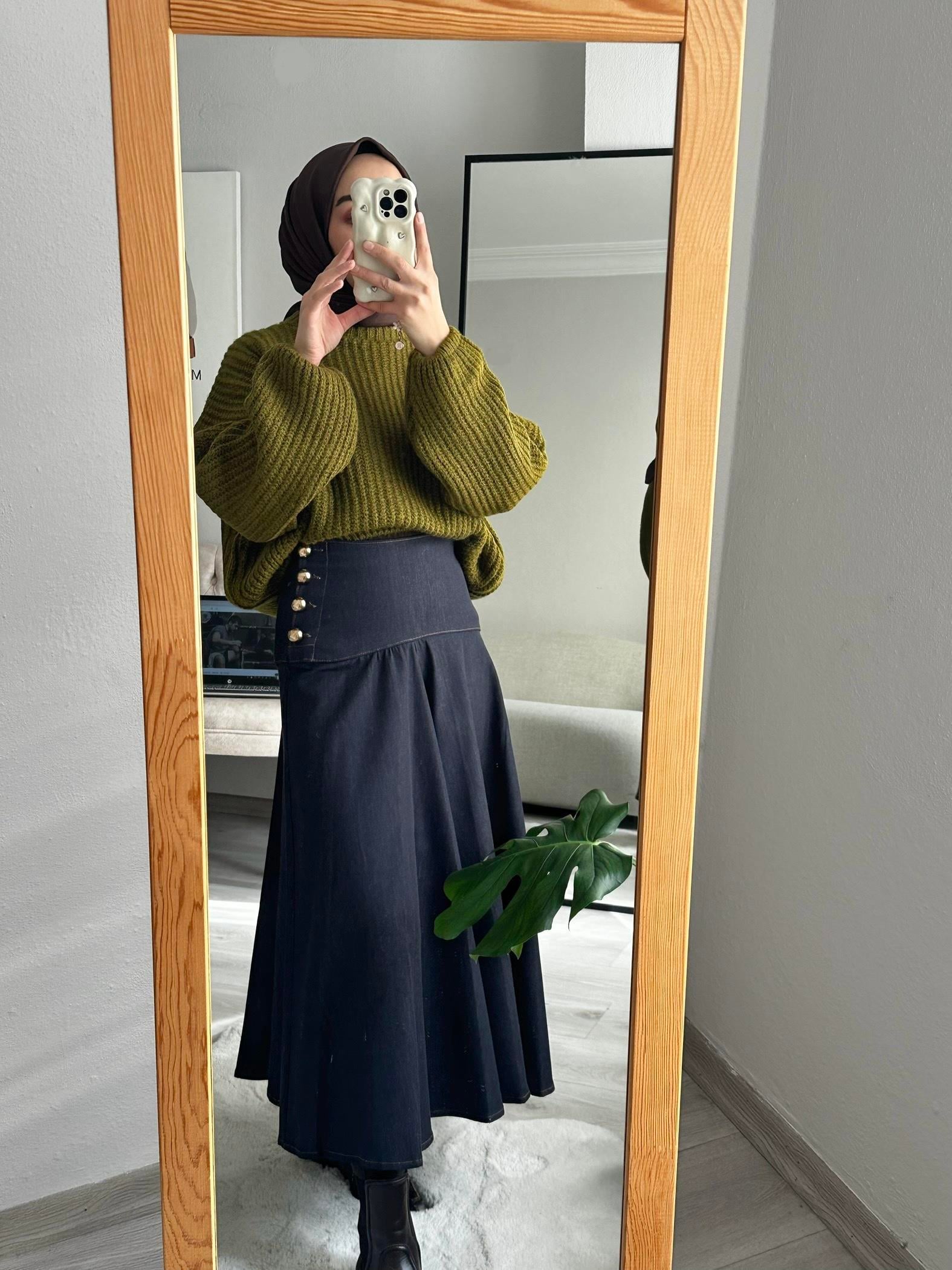 Gold Düğmeli Kot Etek