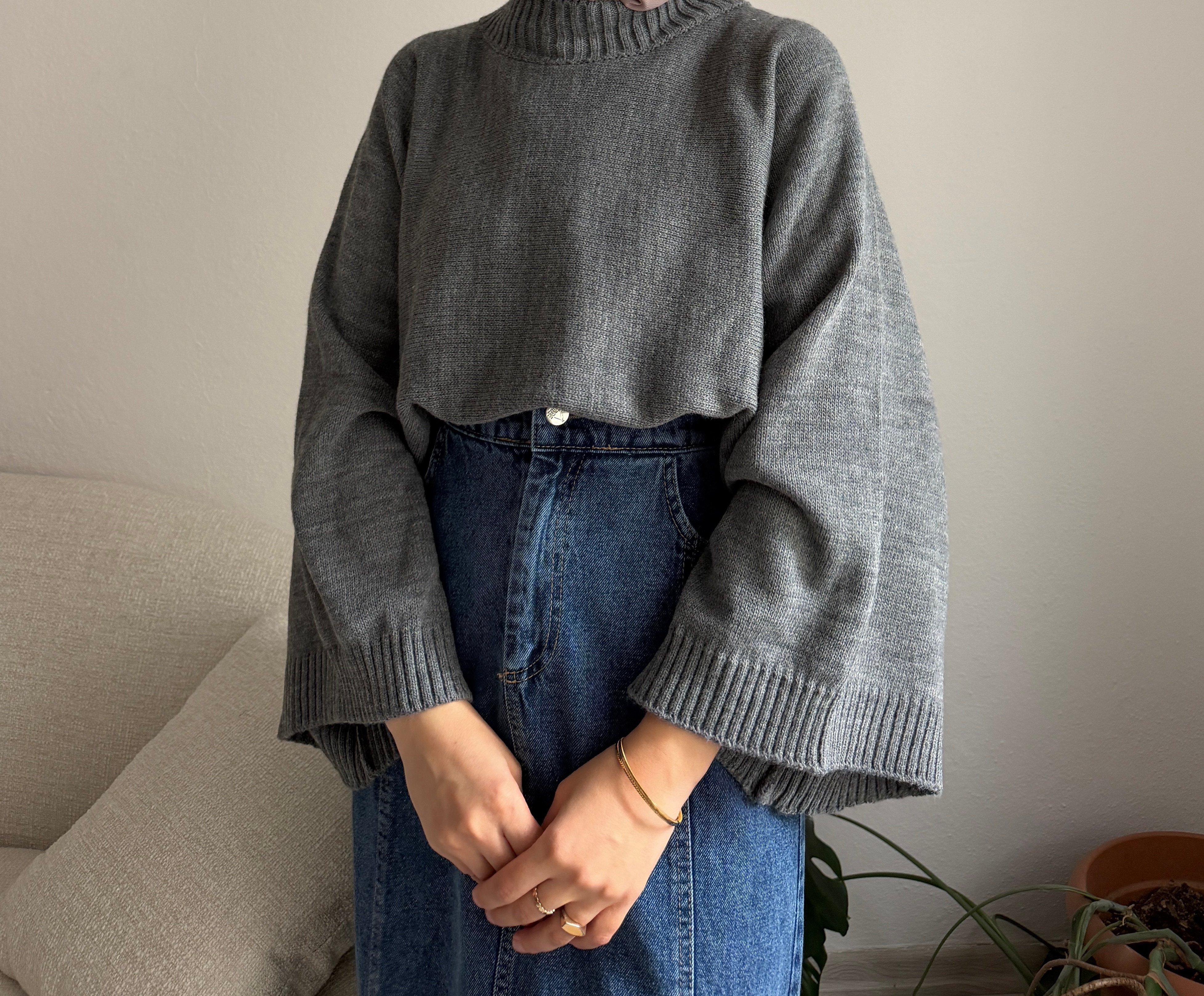 Gri Geniş Kol Oversize Kazak