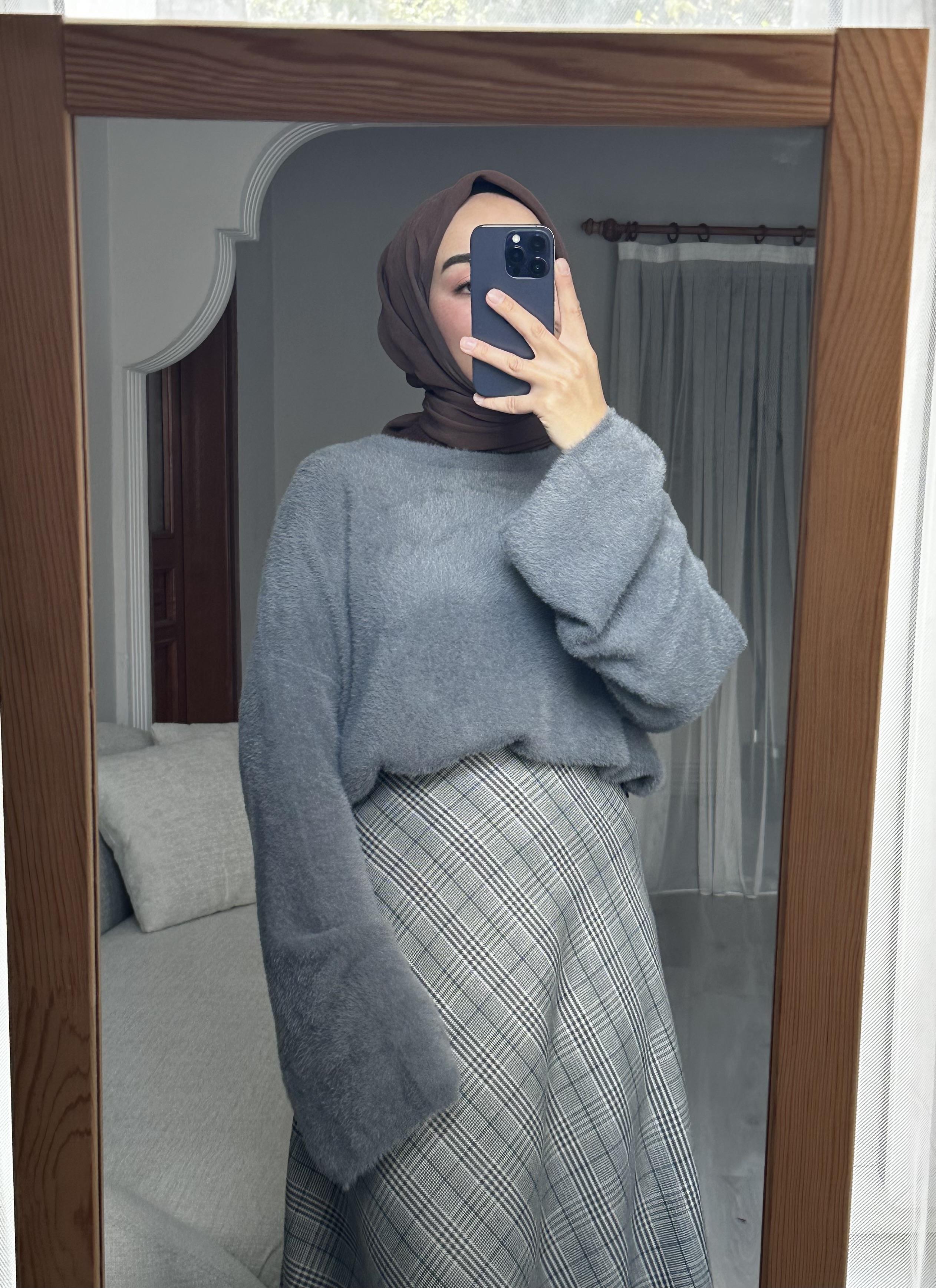 Gri Peluş Oversize Kazak