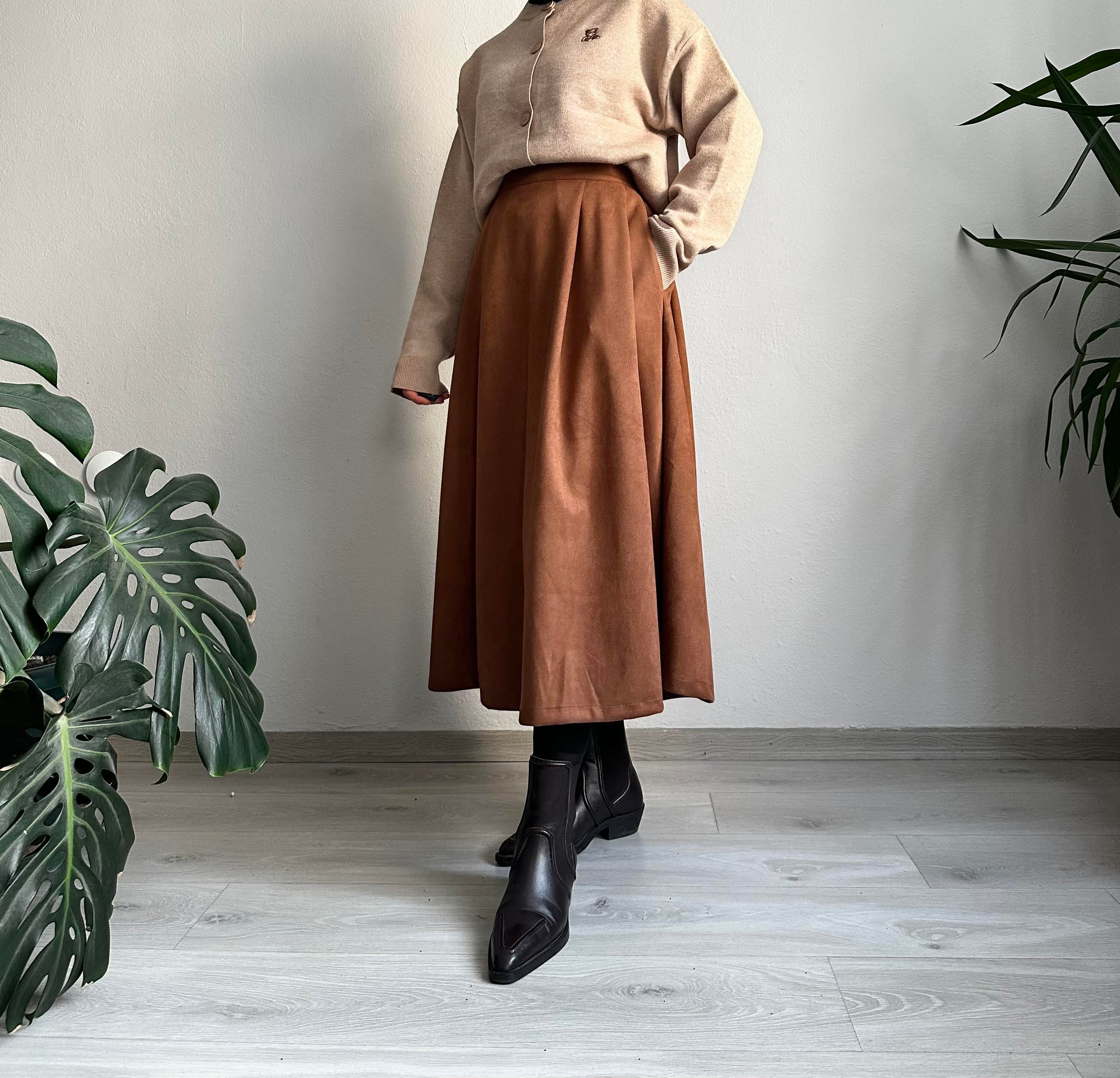 Kahve Beli Kırmalı Süet Kloş Etek