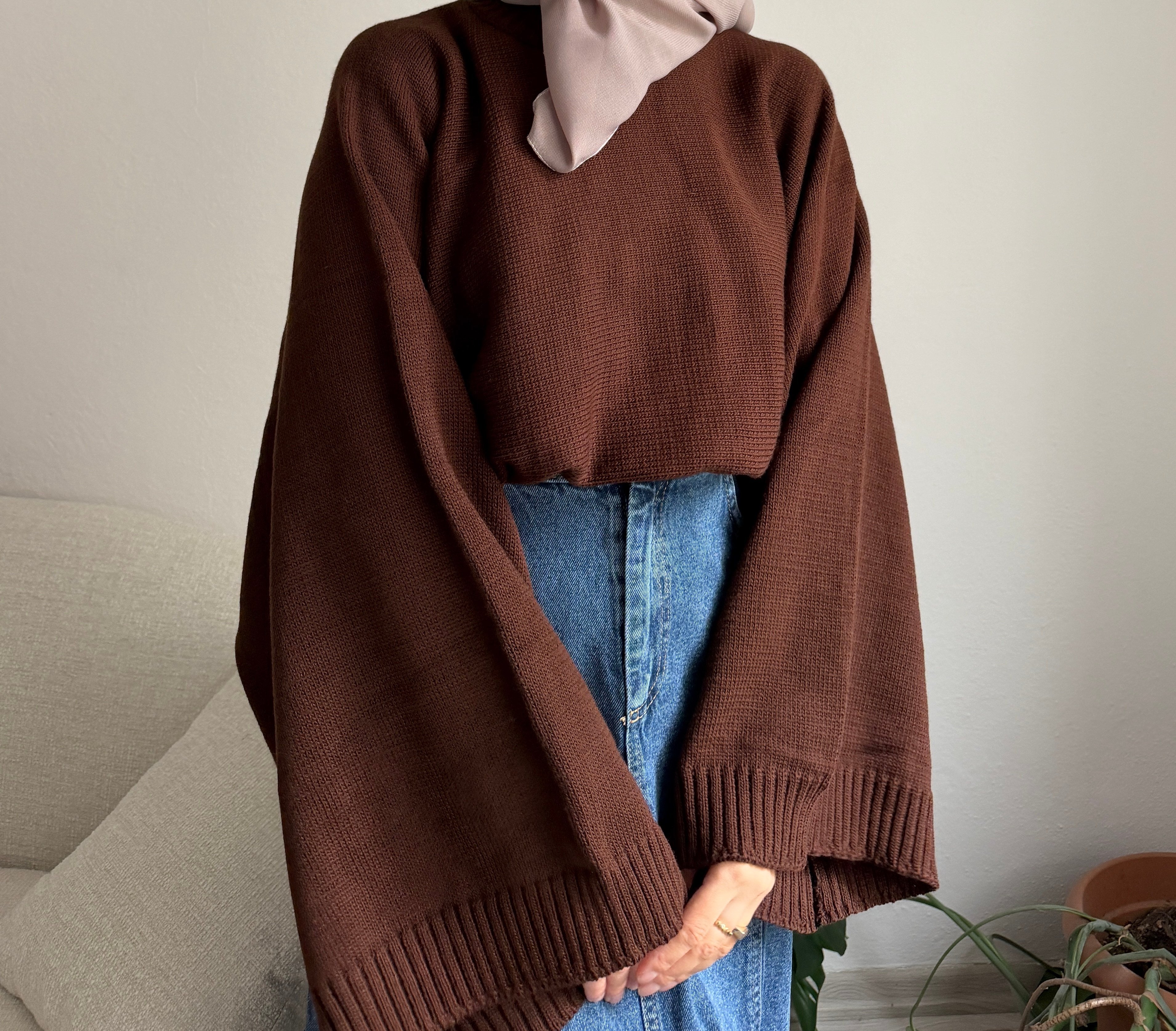Kahverengi Geniş Kol Oversize Kazak