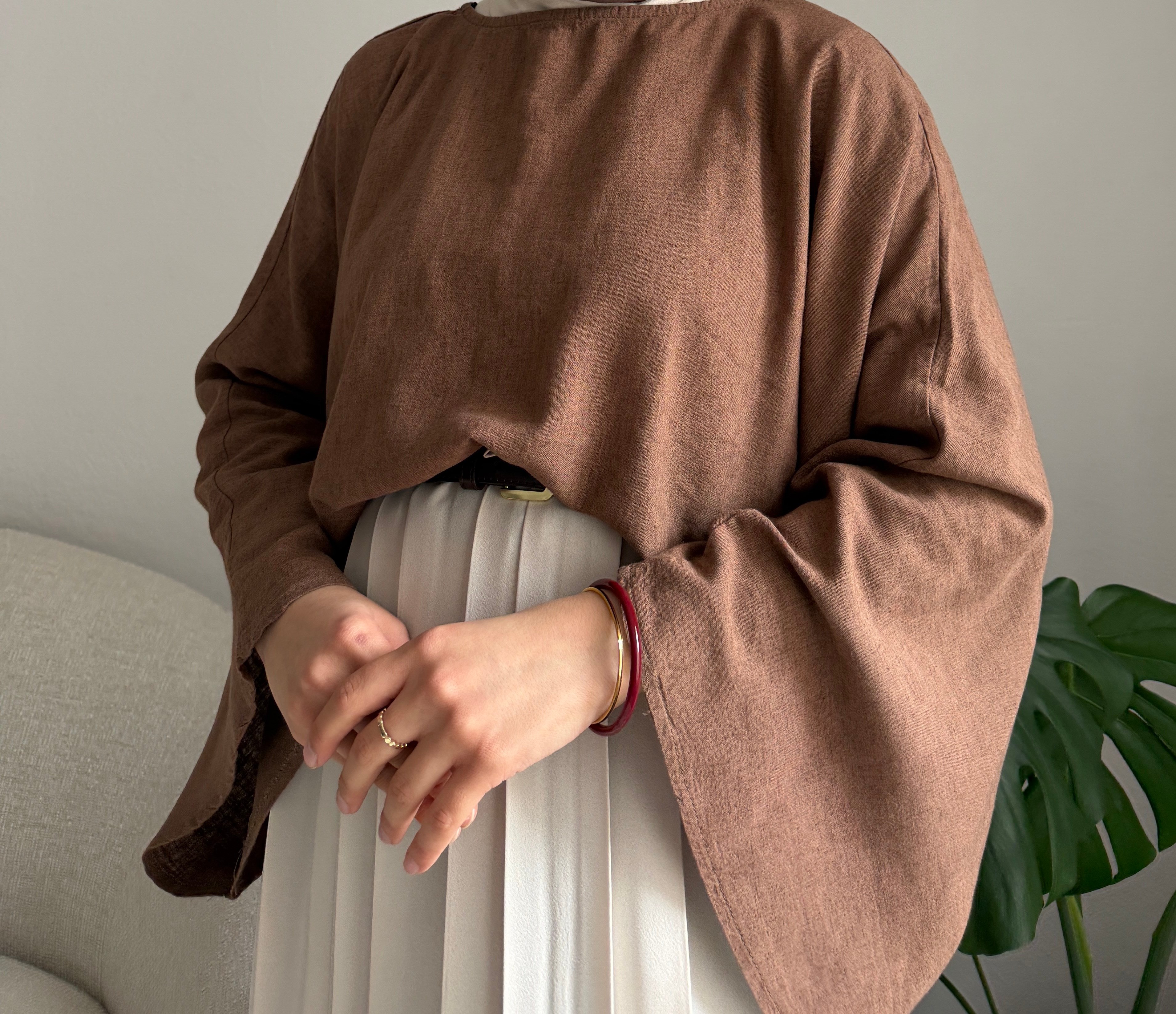 Kahverengi Keten Geniş Kol Bluz
