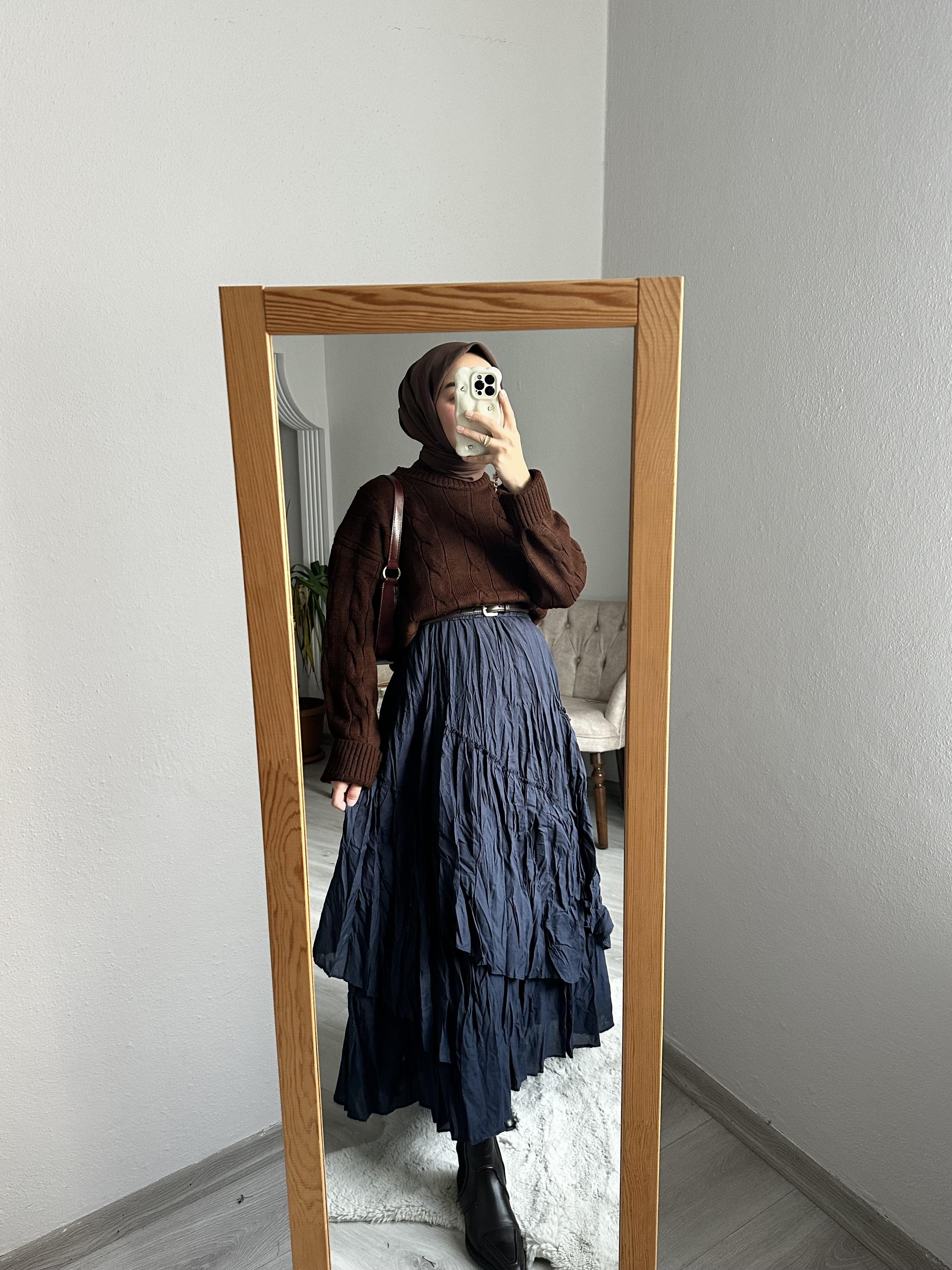 Lacivert Asimetrik Crush Etek