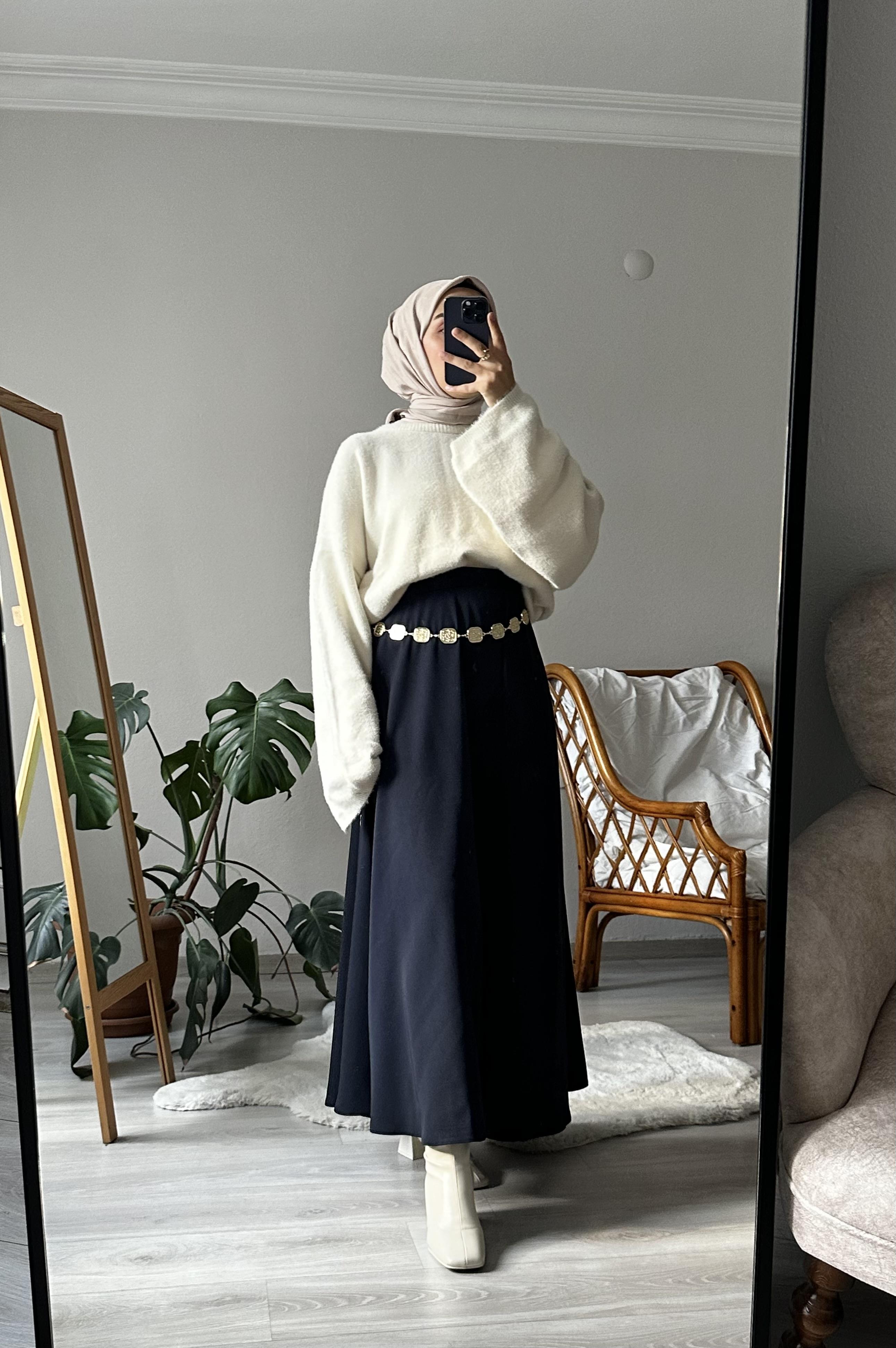 Lacivert İthal Krep Kloş Etek