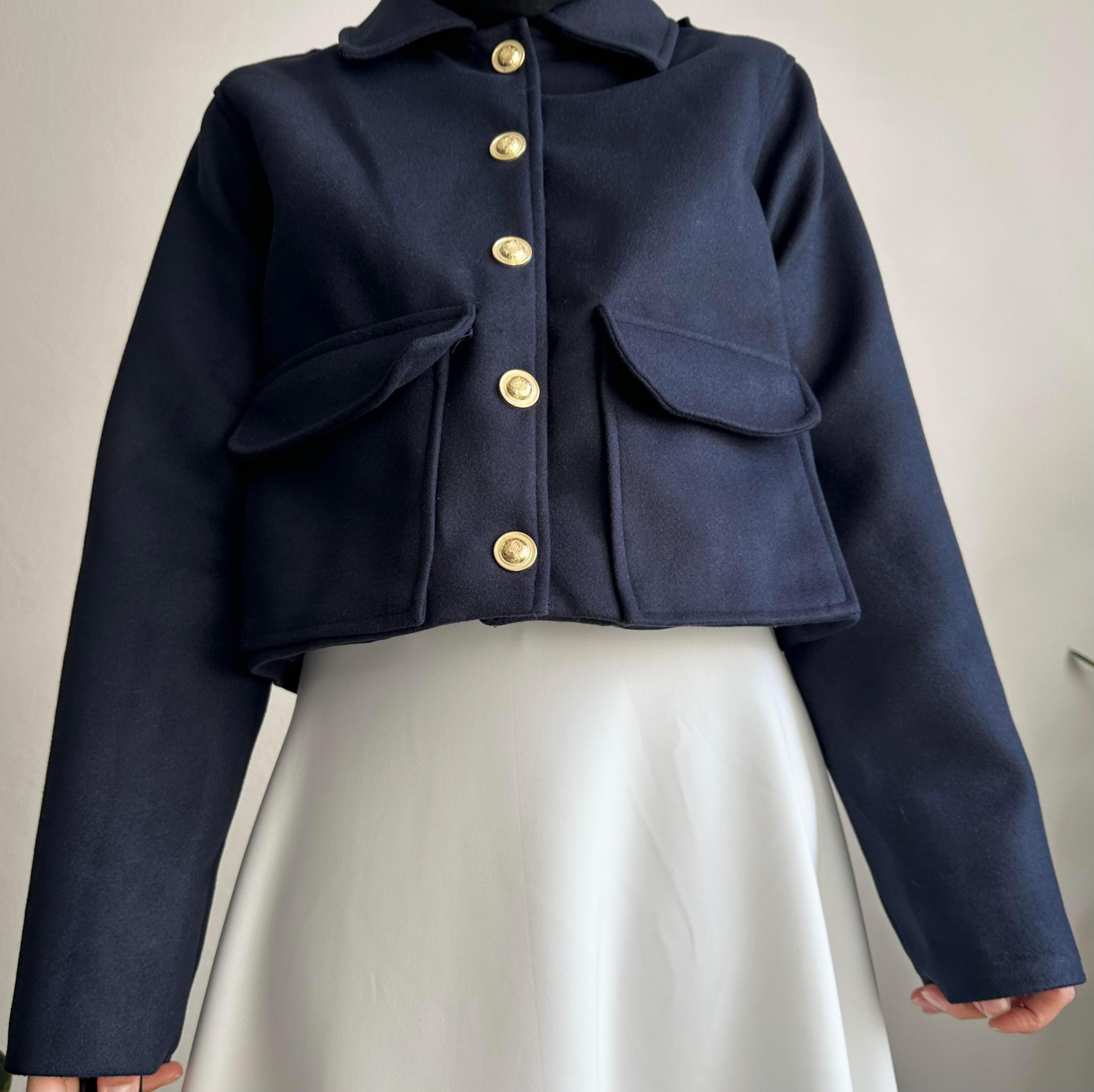 Lacivert Kaşe Crop Ceket