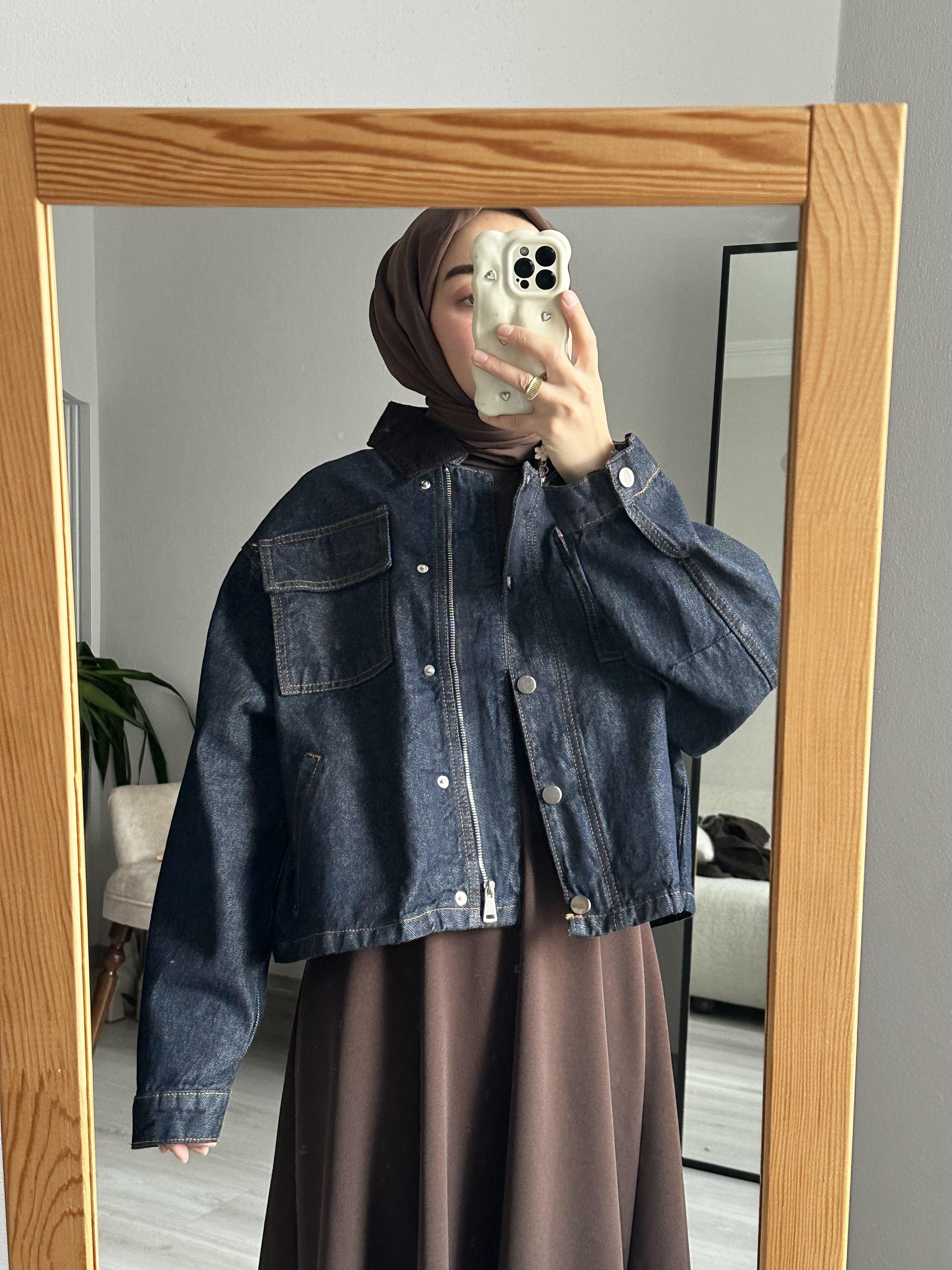 Lacivert Yakalı Oversize Kot Ceket