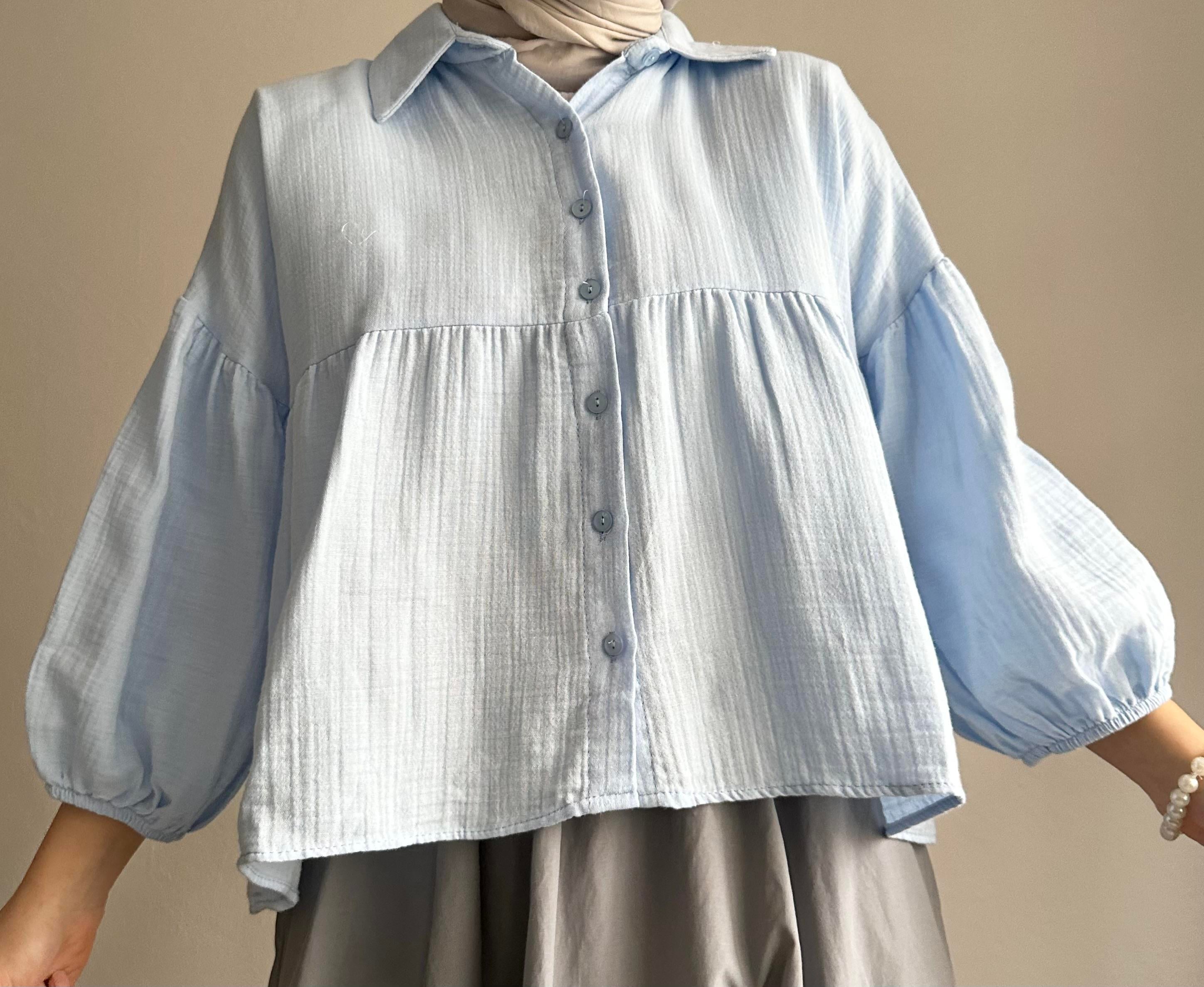 Mavi Balon Kol Müslin Gömlek
