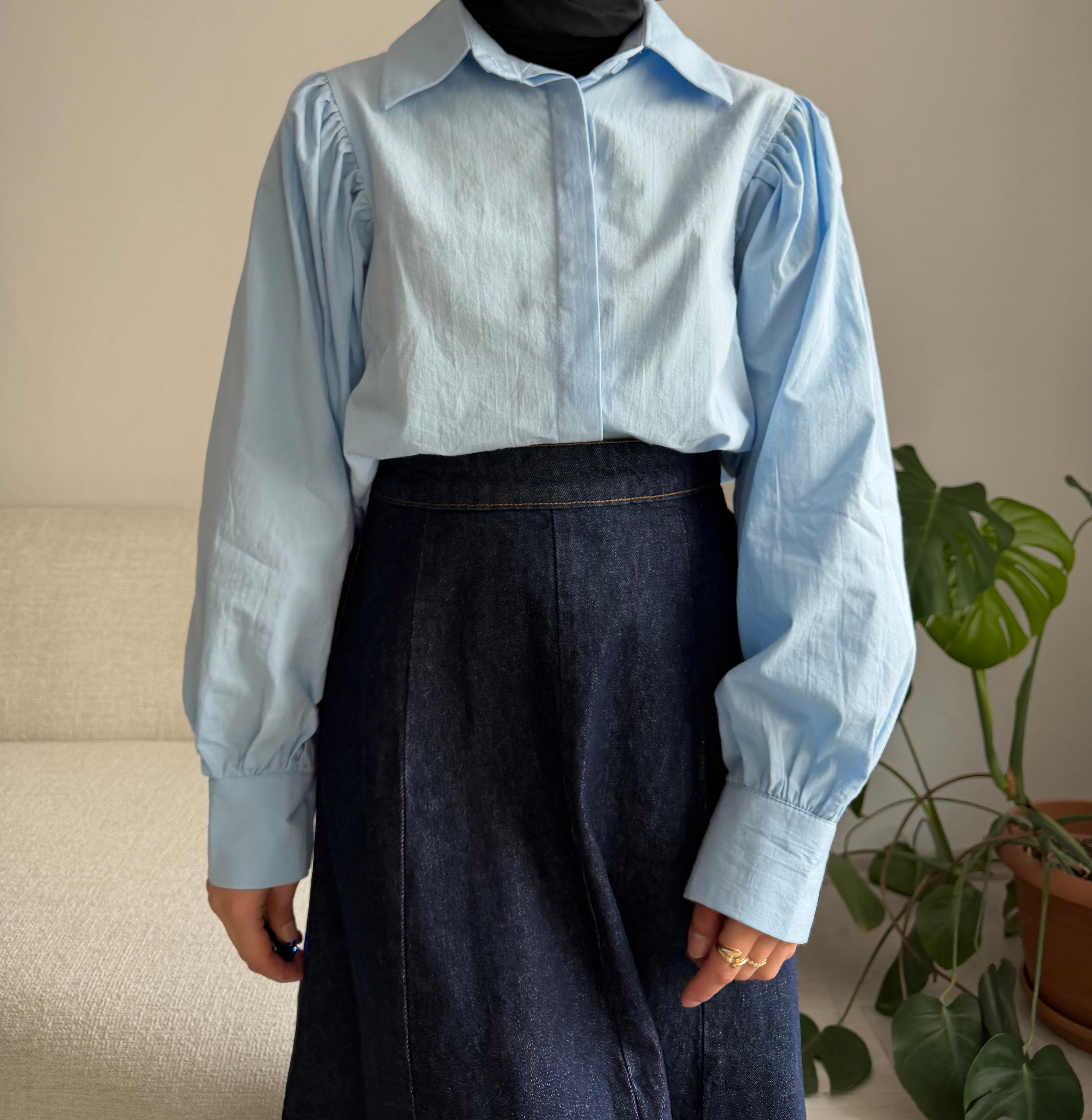 Mavi Balon Kol Poplin Gömlek