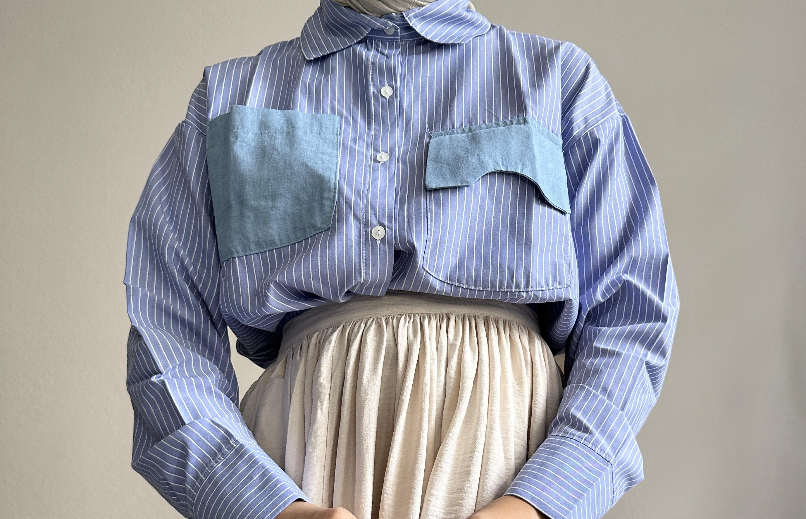 Mavi Çizgili Cep Detaylı Gömlek