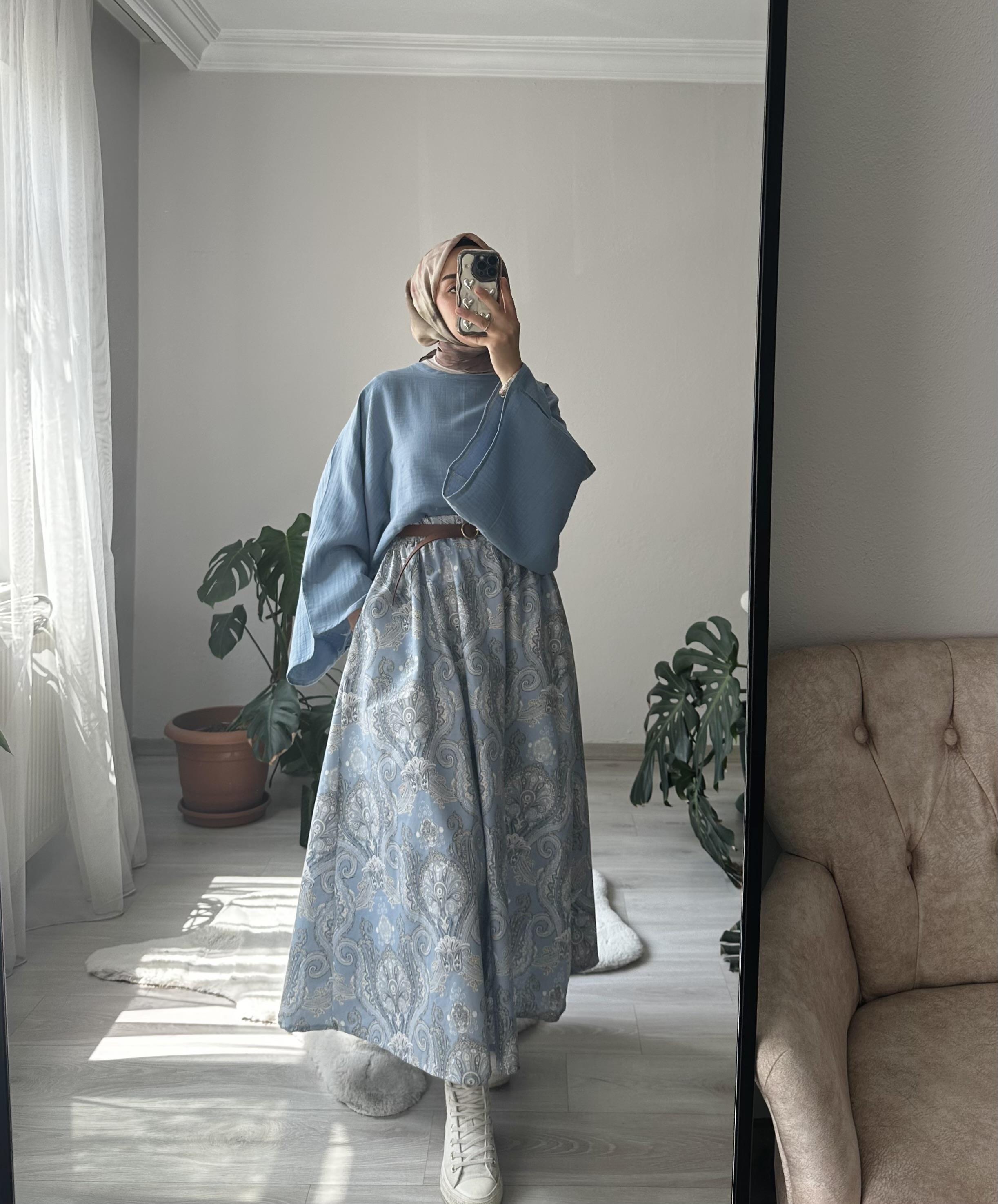 Mavi Şal Desen+Bluz Etekli Takım