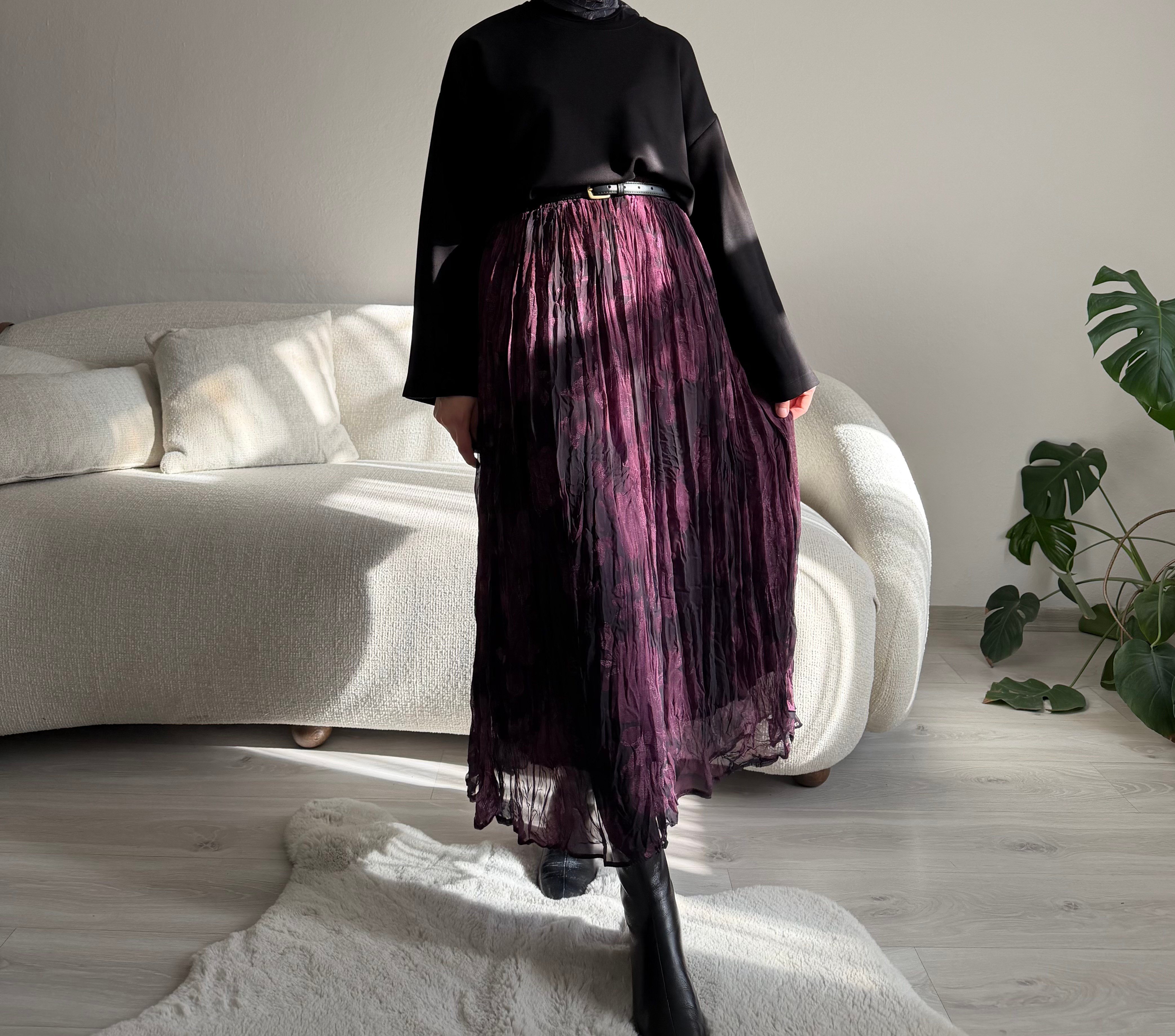 Mürdüm Desenli Kırışık Şifon Etek 