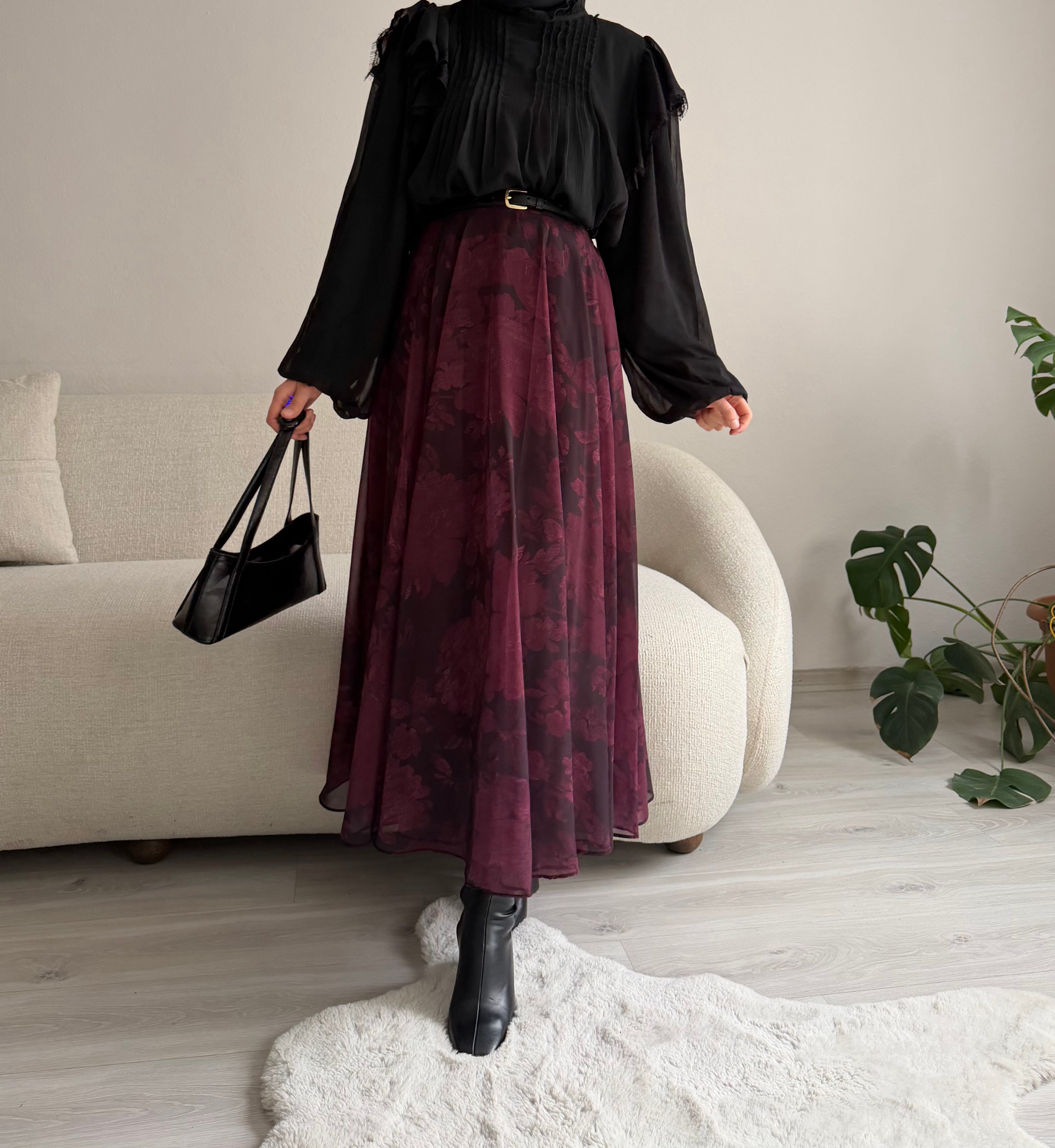 Mürdüm Desenli Şifon Etek