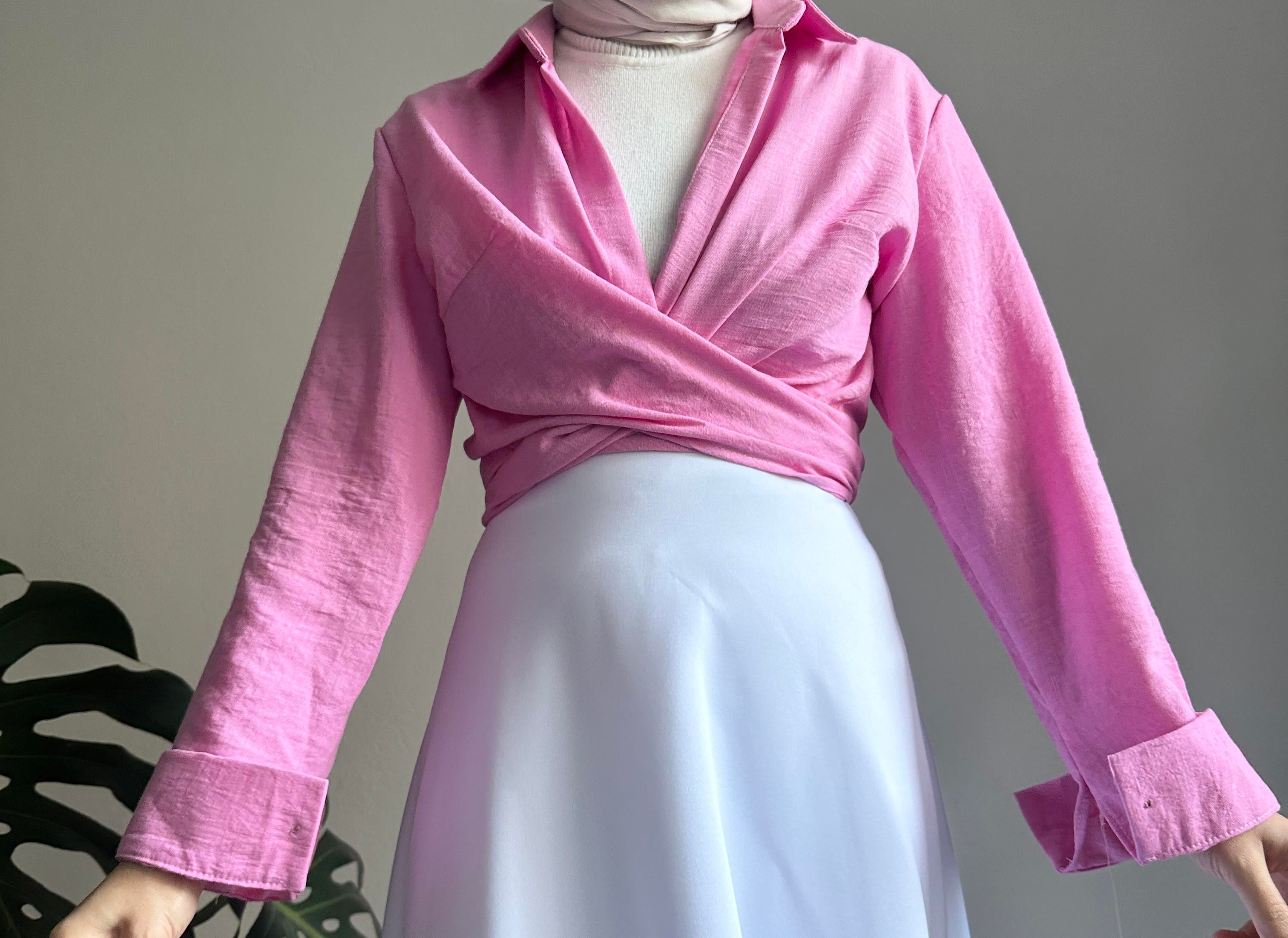 Pembe Keten Bağlamalı Bluz