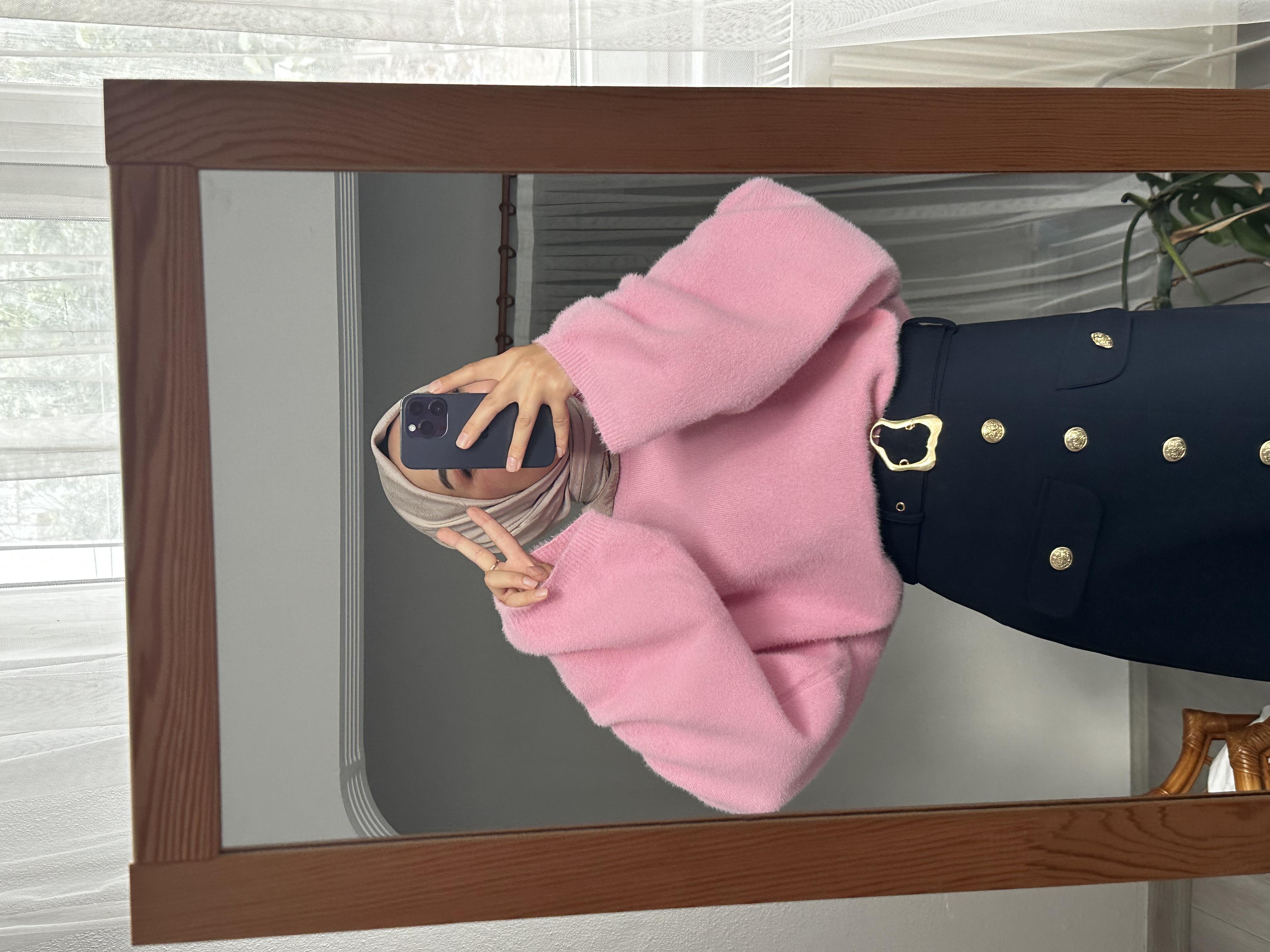 Pembe Peluş Oversize Kazak