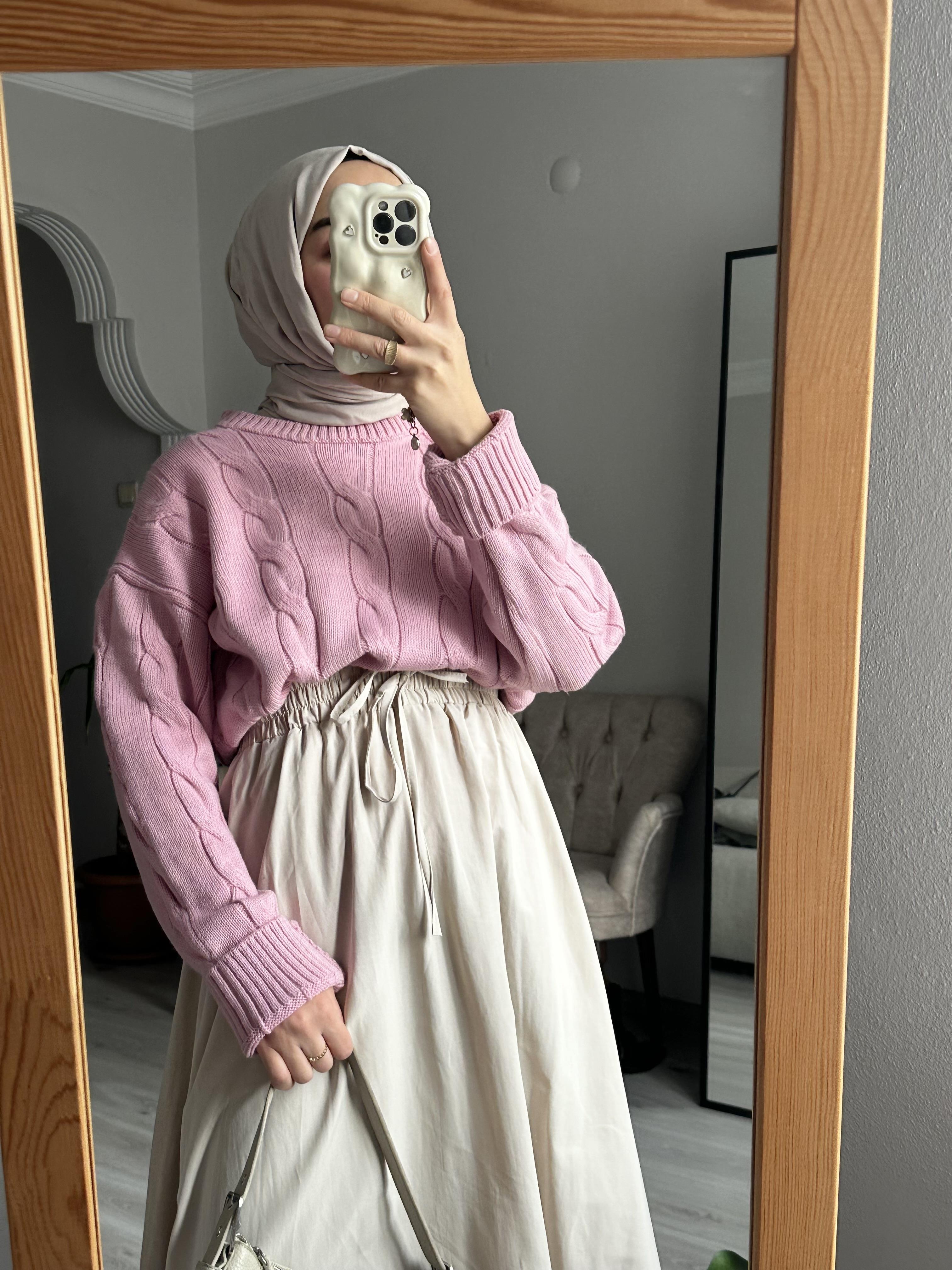 Pembe Saç Örgü Kazak