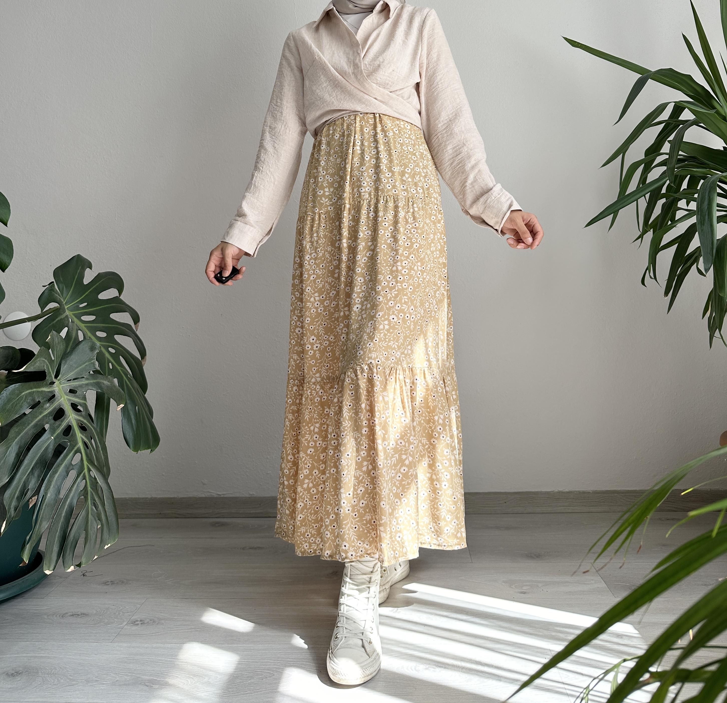 Sarı Çiçekli Viskon Büzgülü Etek