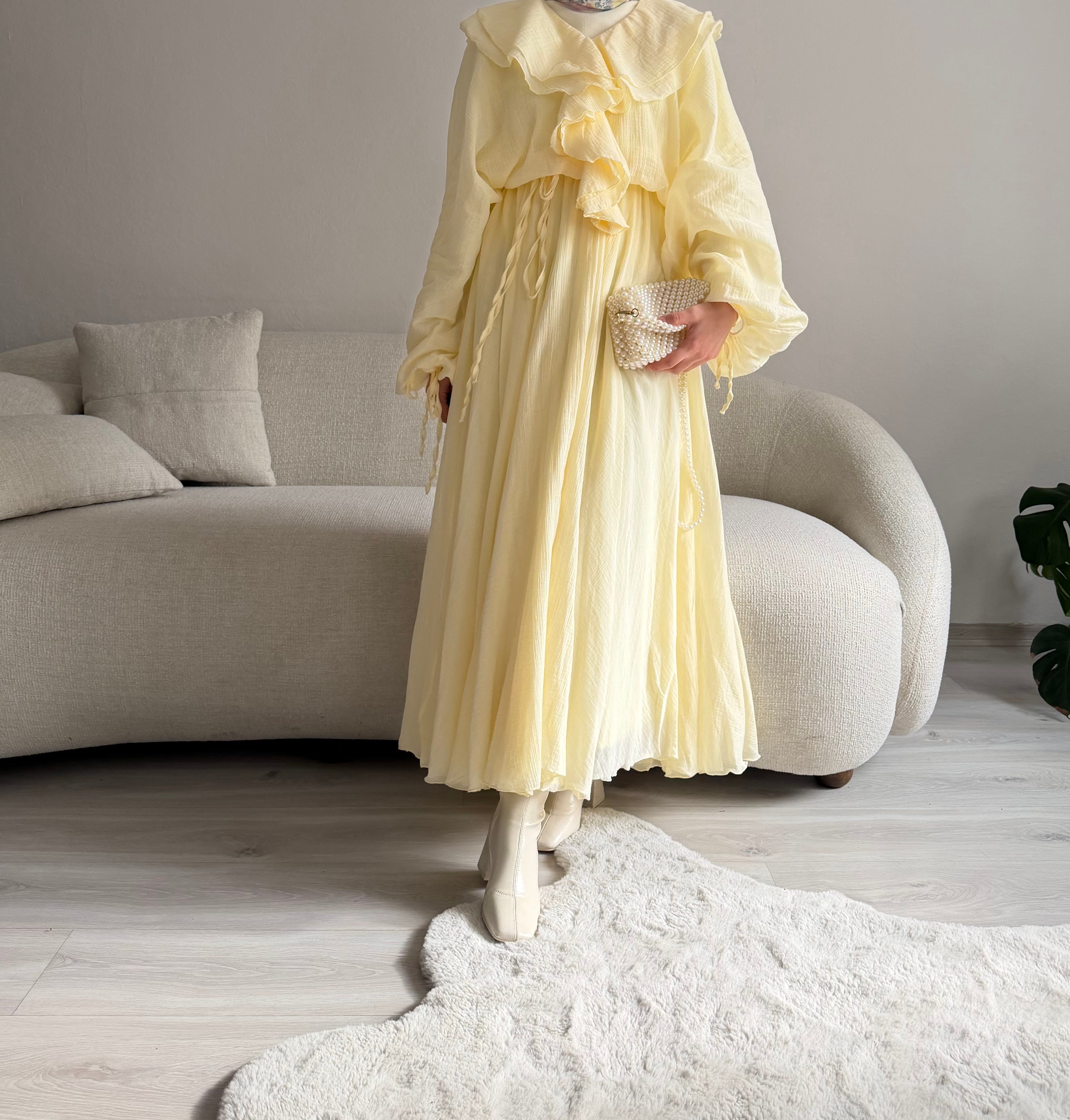 Sarı Fırfırlı Balon Kol Elbise