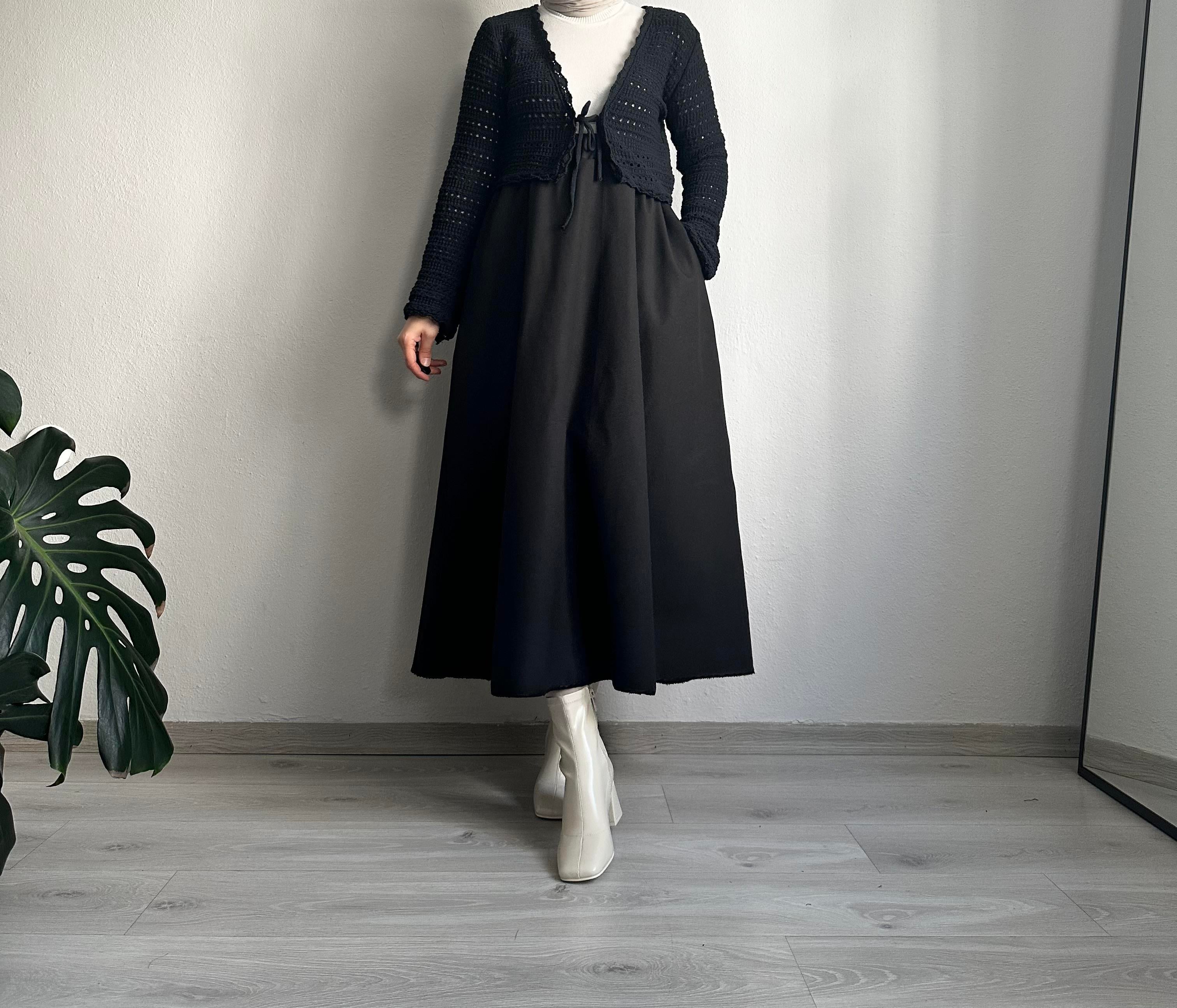 Siyah Cepli Keten Kloş Etek