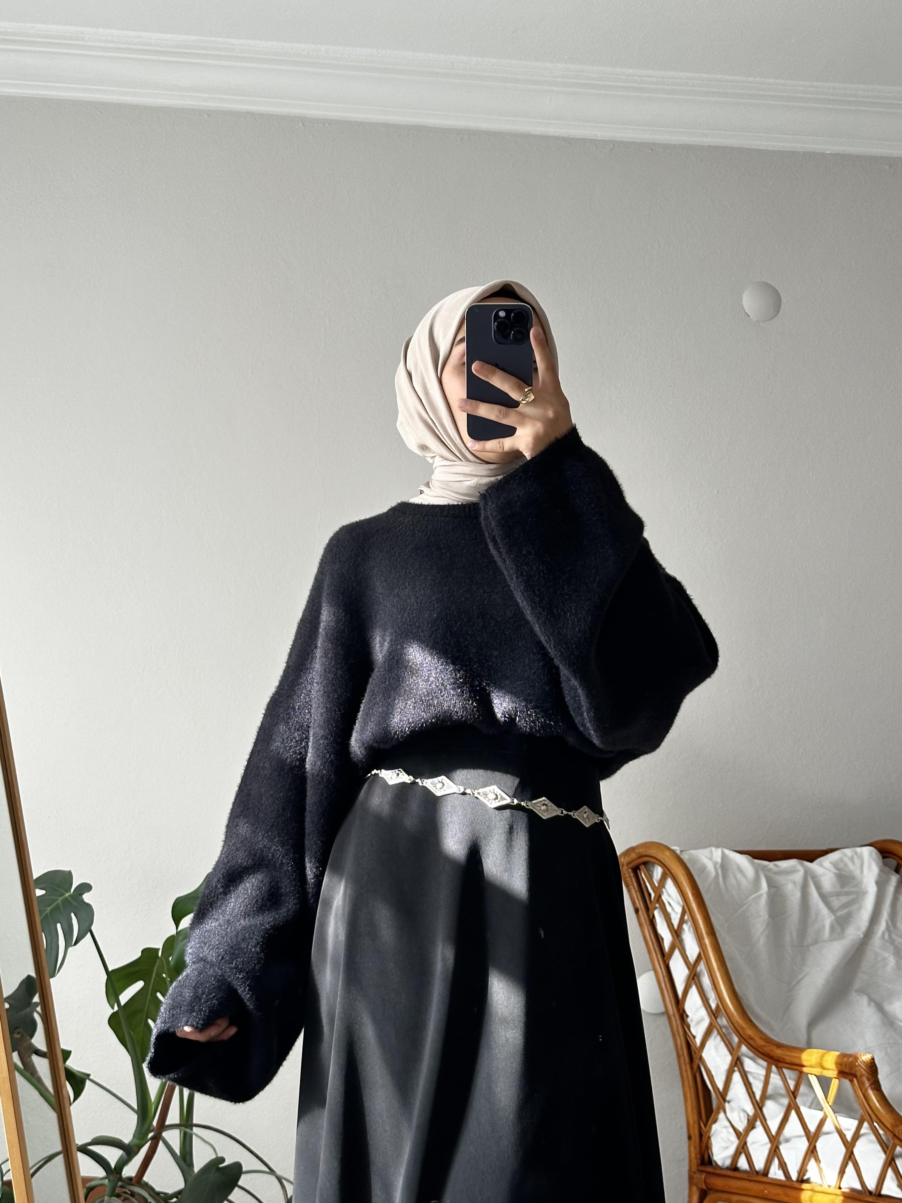 Siyah Peluş Oversize Kazak