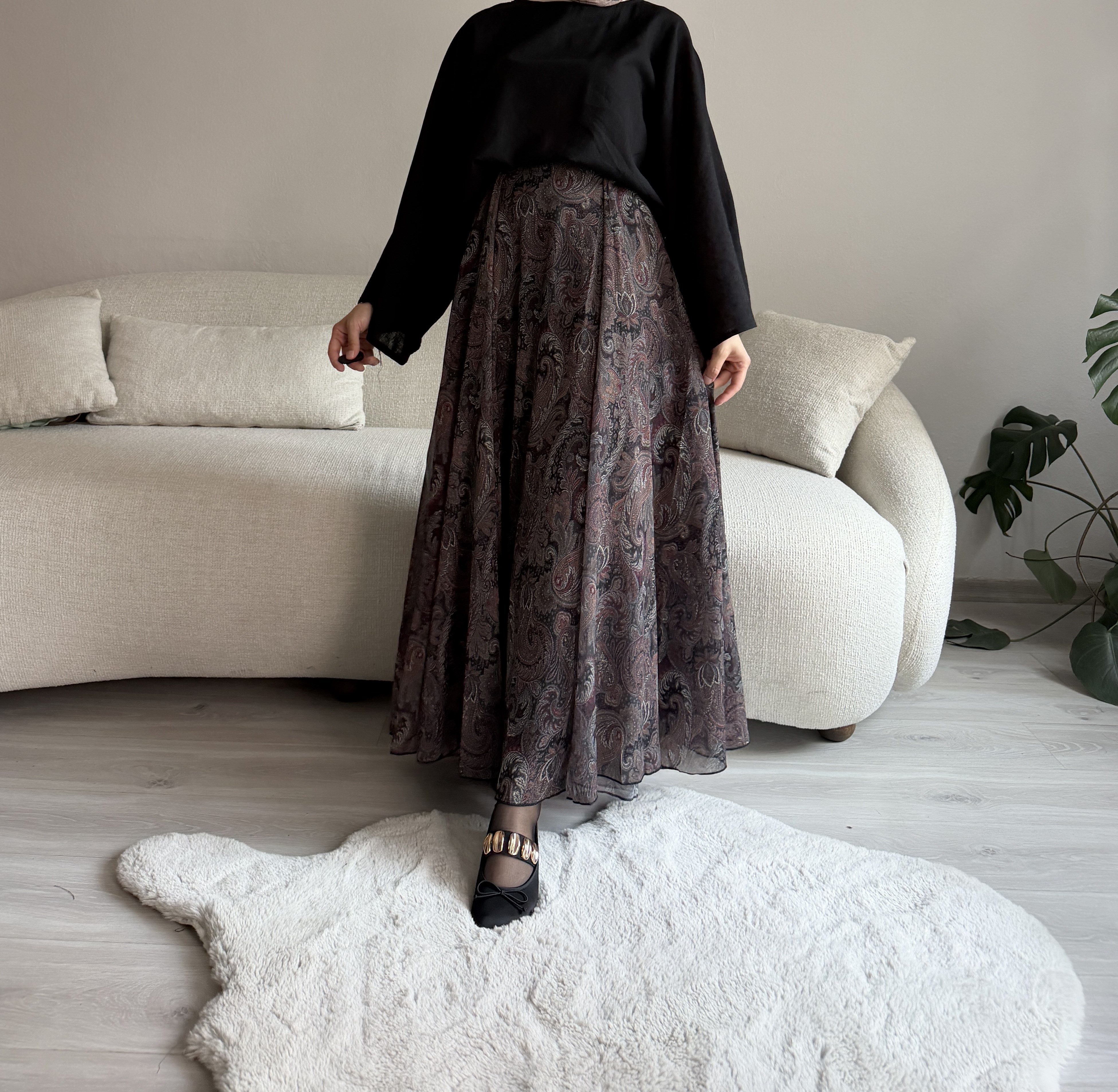 Siyah Şal Desen Şifon Etek