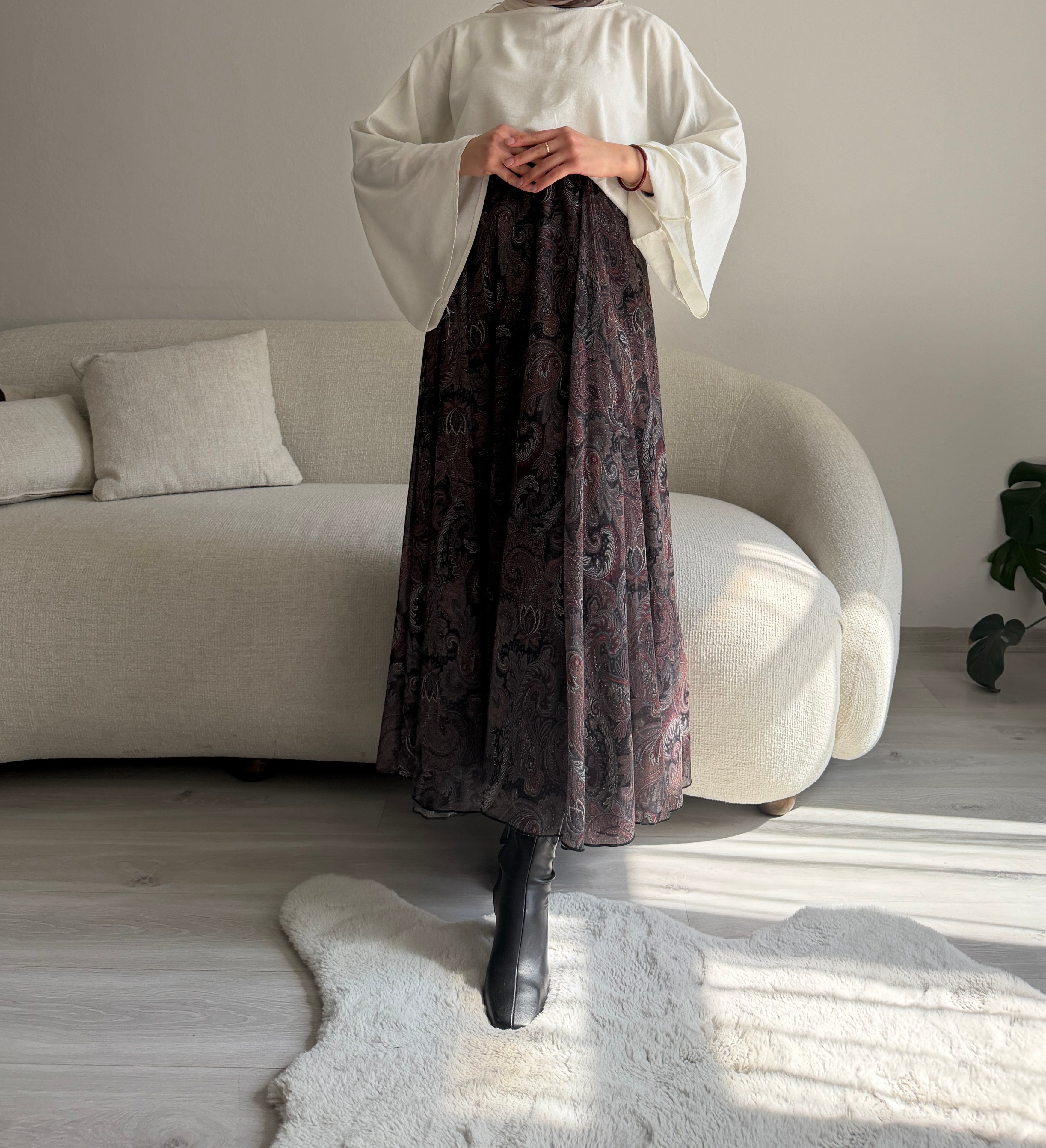 Siyah Şal Desen Şifon Etek