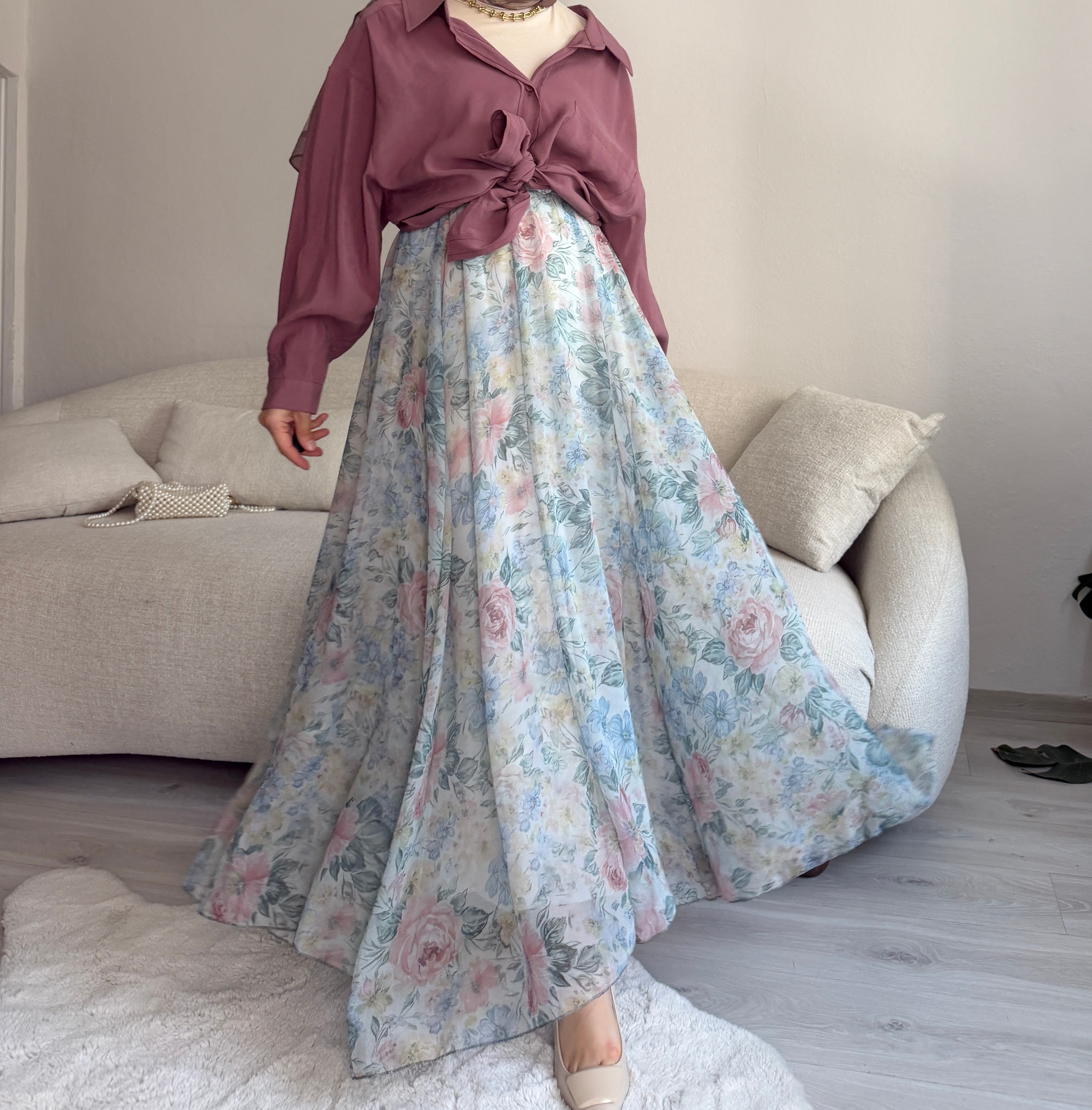 Soft Çiçek Desenli Şifon Kloş Etek