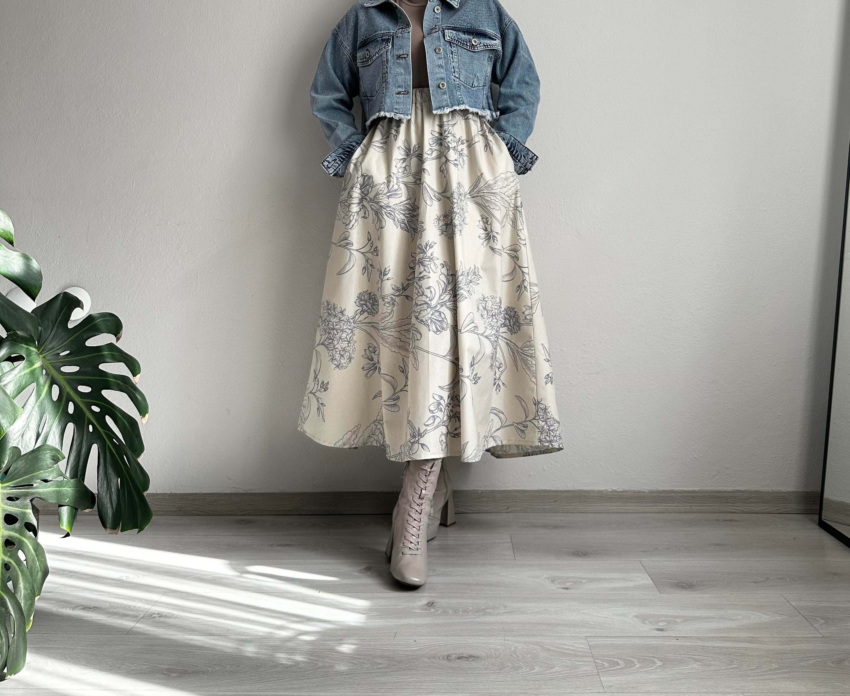 Vizon Mavi Çiçek Desenli Flow Etek