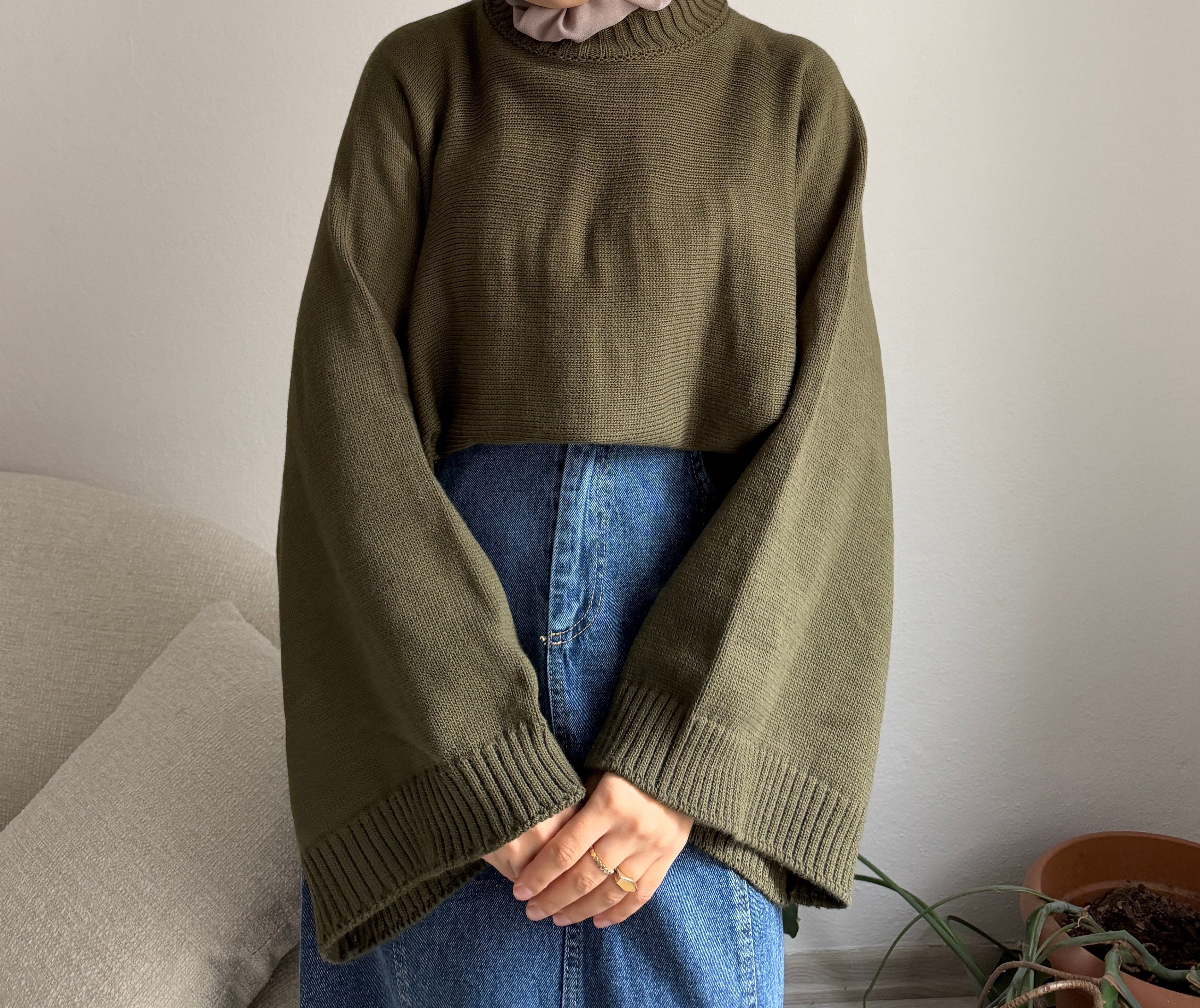 Yeşil Geniş Kol Oversize Kazak