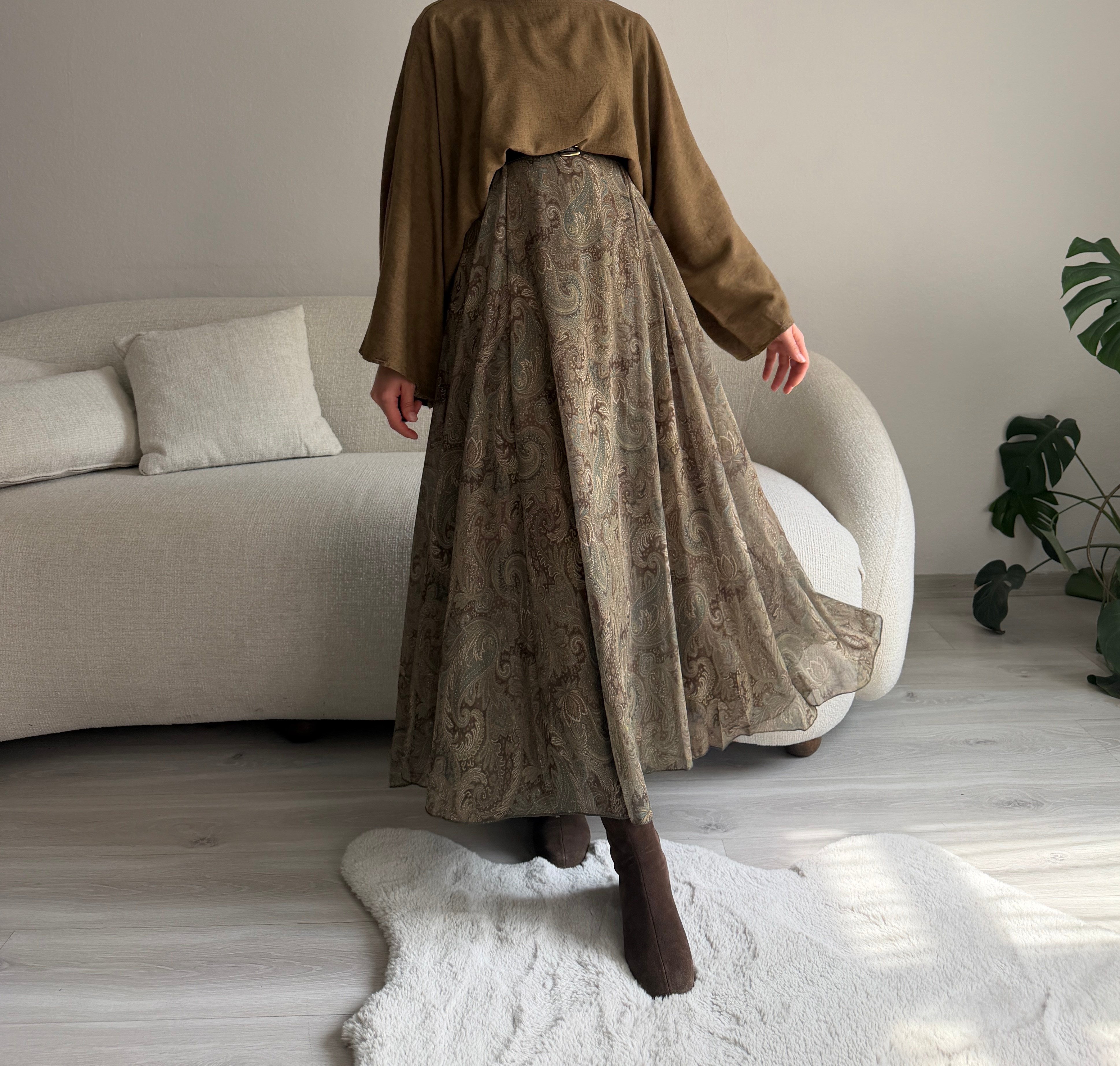 Yeşil Şal Desen Şifon Etek