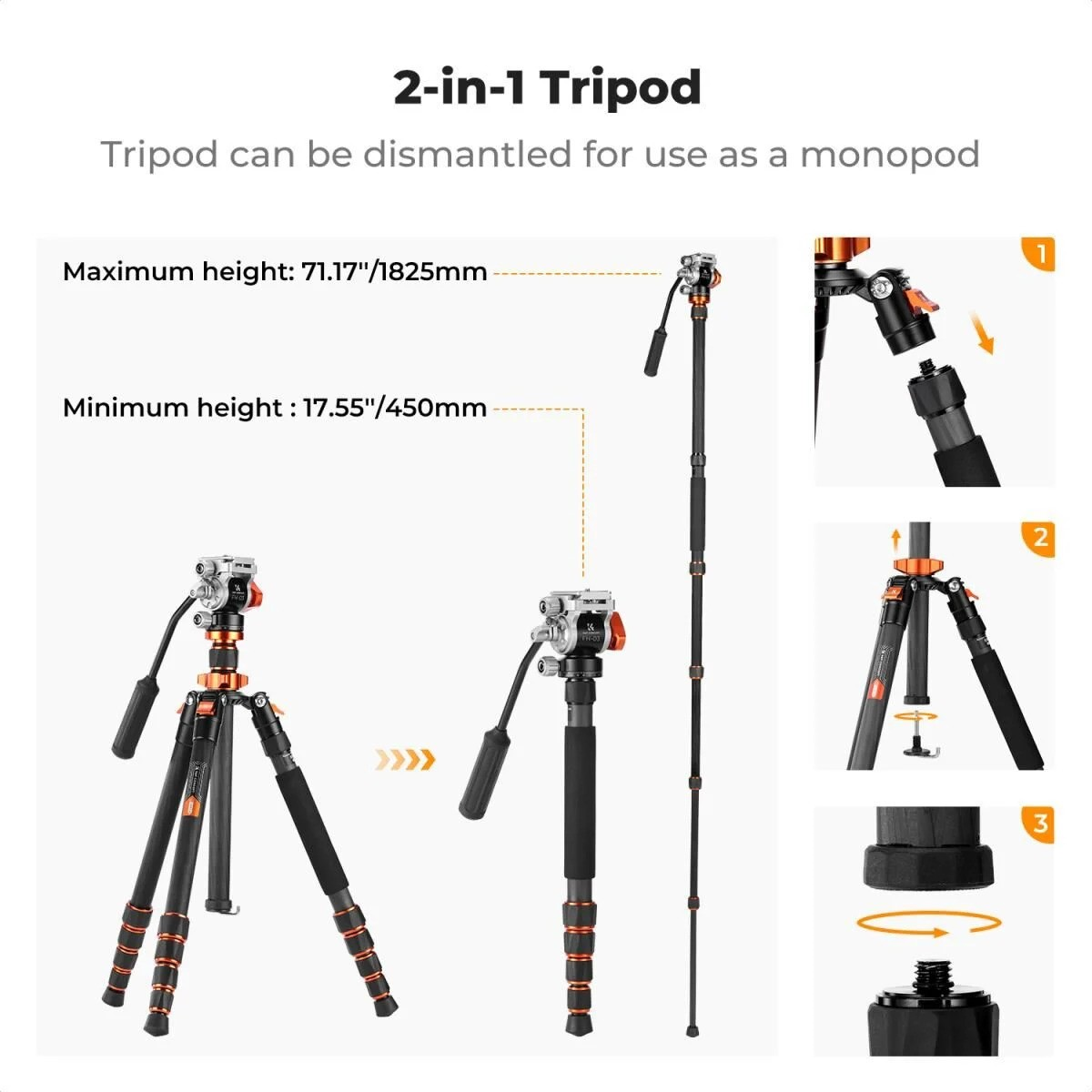 K&F Concept O255C4+FH-03 Carbon Fiber Video Tripod