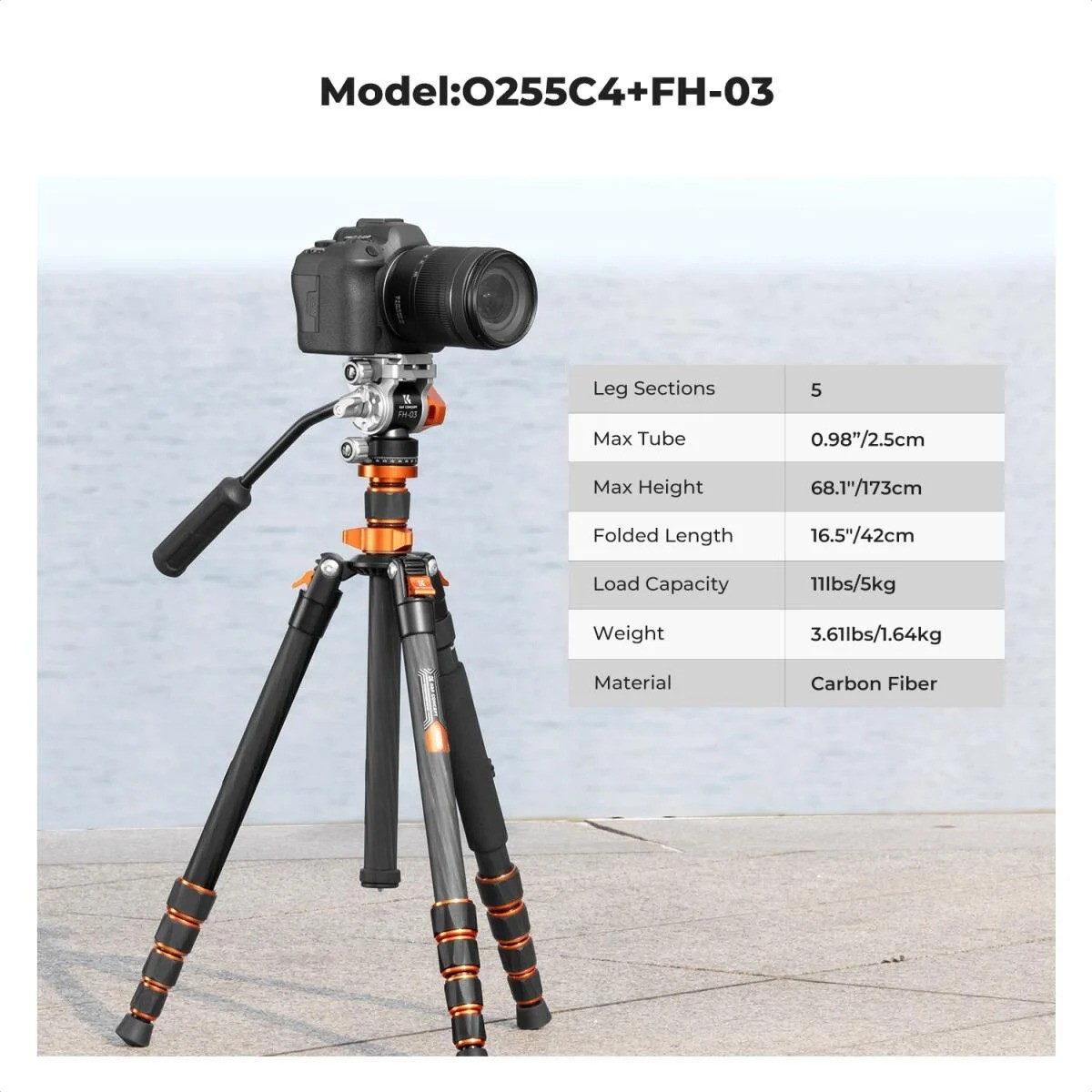 K&F Concept O255C4+FH-03 Carbon Fiber Video Tripod