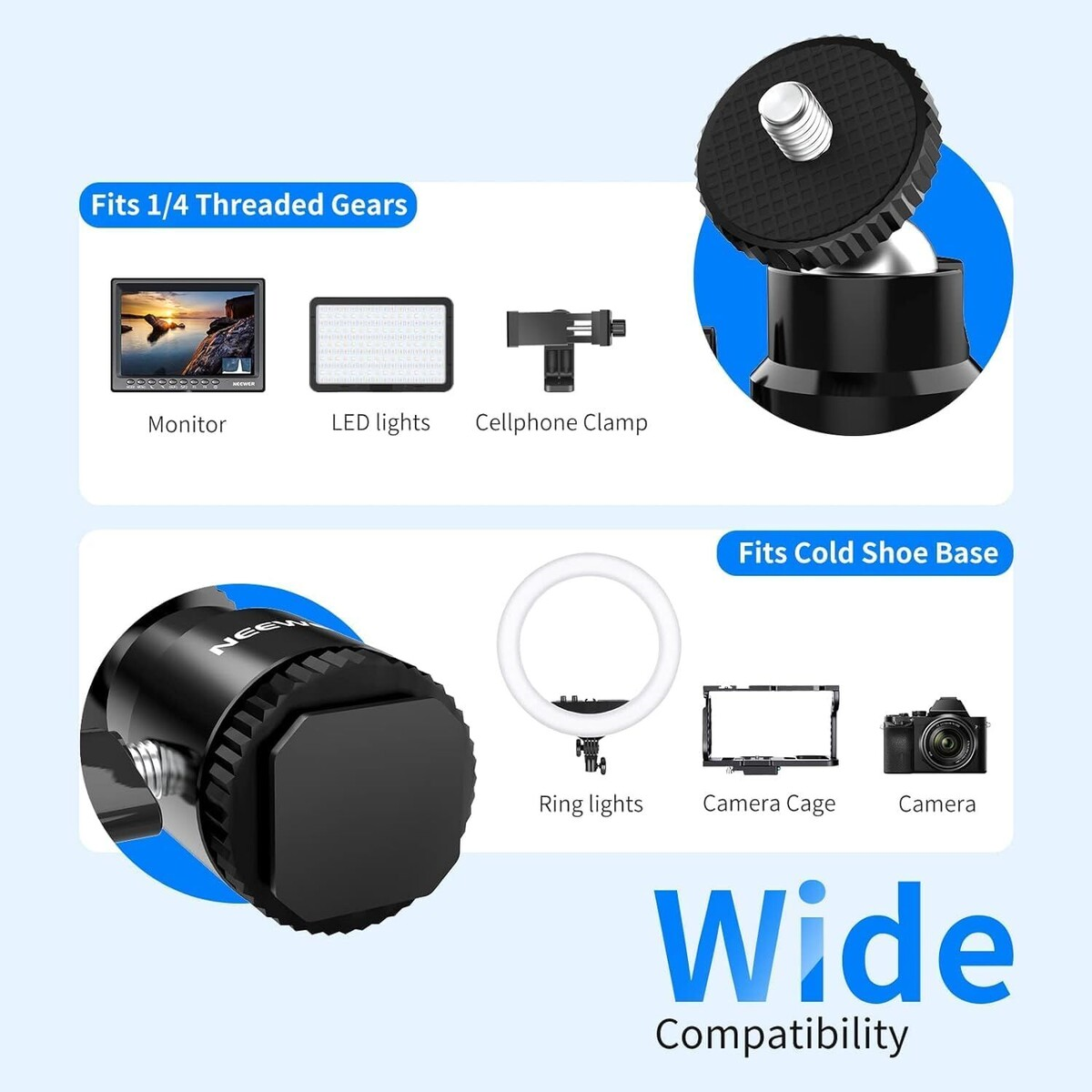 NEEWER ST17 1/4 Kamera Hot Shoe Adaptörü (Mini Bilyeli Başlık) - 2li Paket