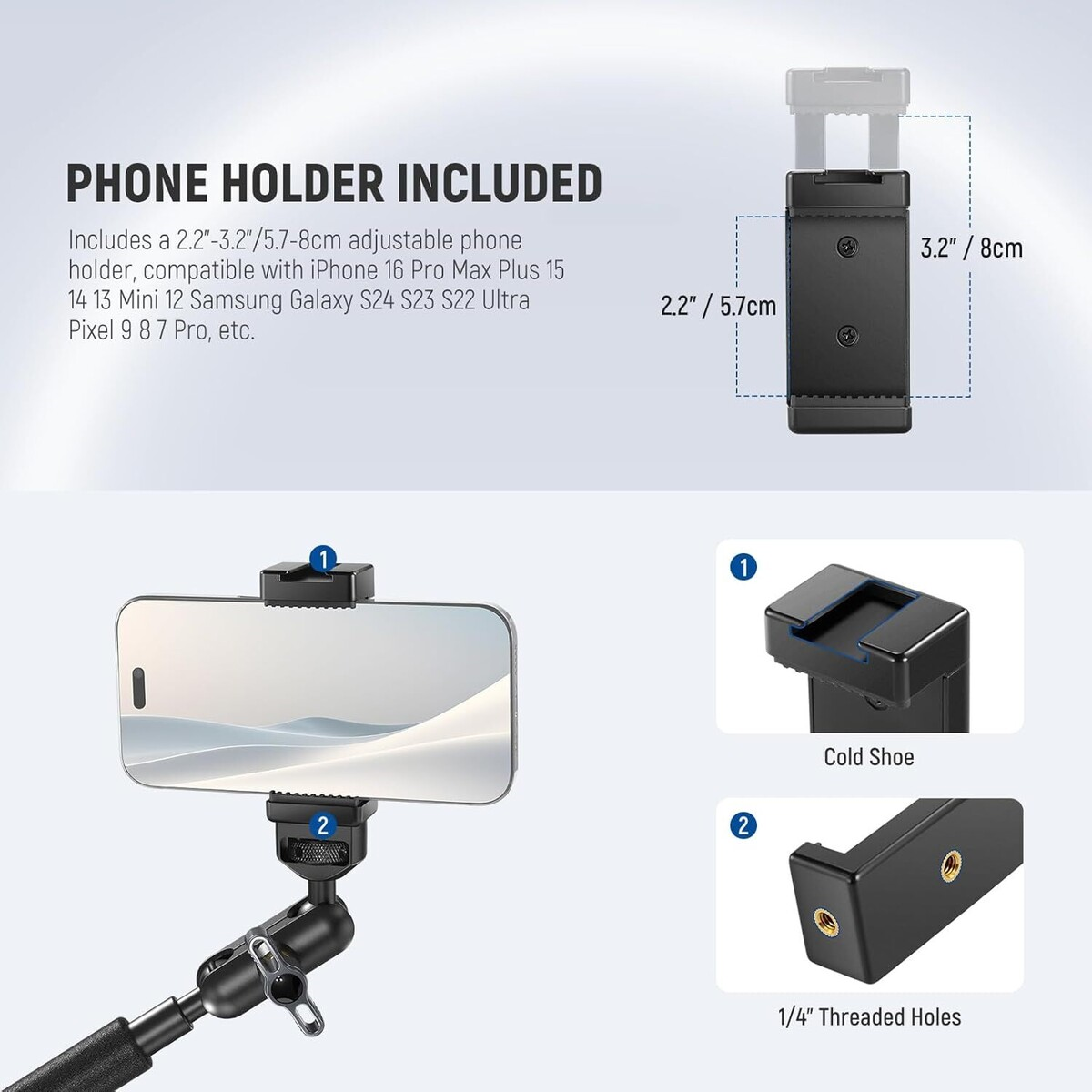 NEEWER UA057 22 (55 cm) Mafsallı Magic Arm Süper Kelepçe ve Telefon Tutucu Kiti
