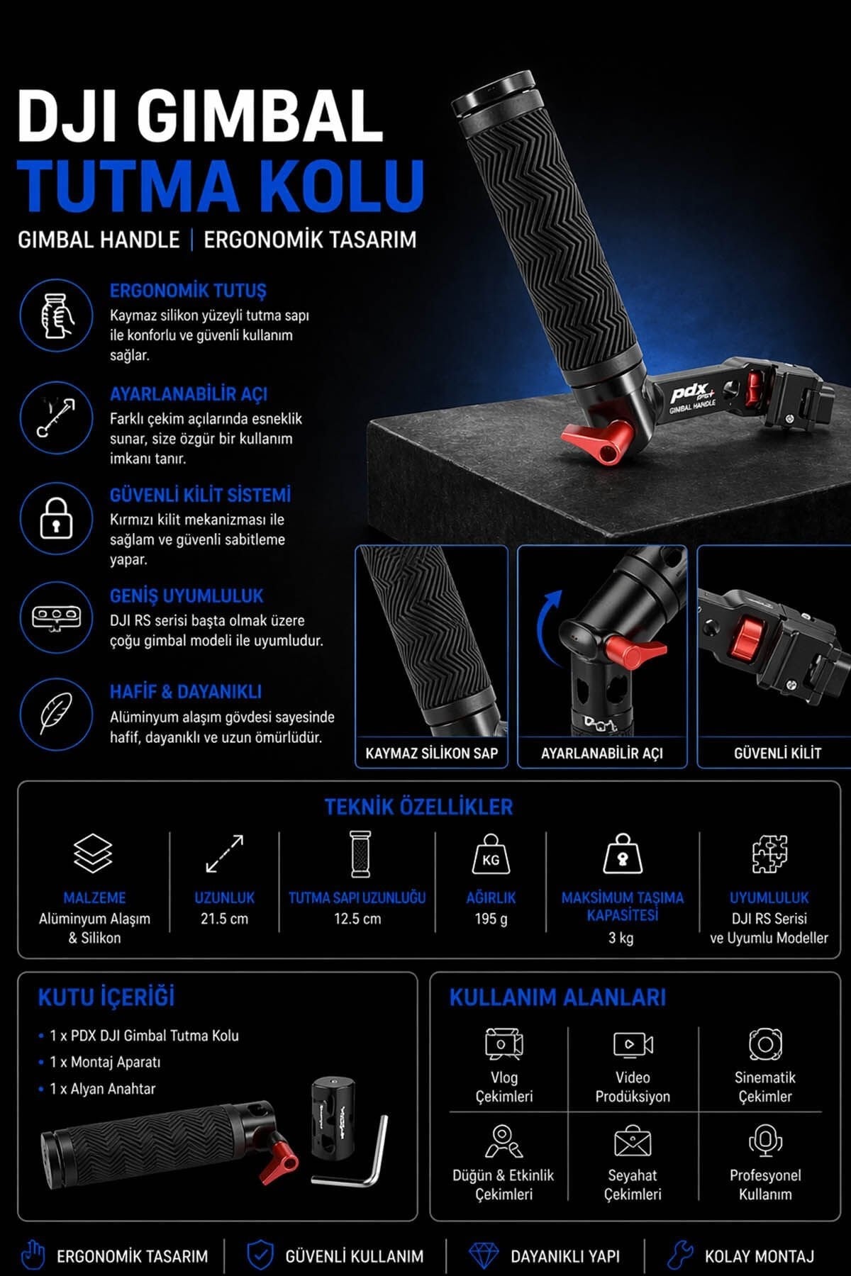 PDX DJI Gimbal Tutma Kolu | Gimbal Handle | Ergonomik Tasarım