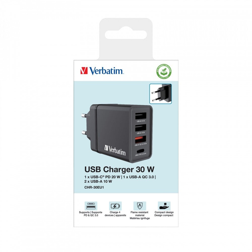 Verbatim 30W 4 Bağlantılı Usb Şarj Cihazı Siyah 1x Usb-C® PD 20W / 1 x Usb-A QC 3.0 / 2 x Usb-A 10W (AB)-(49700)