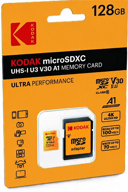 Kodak 128GB Micro SD UHS-I U3/V30/A1 Yellow Kart + Adaptör