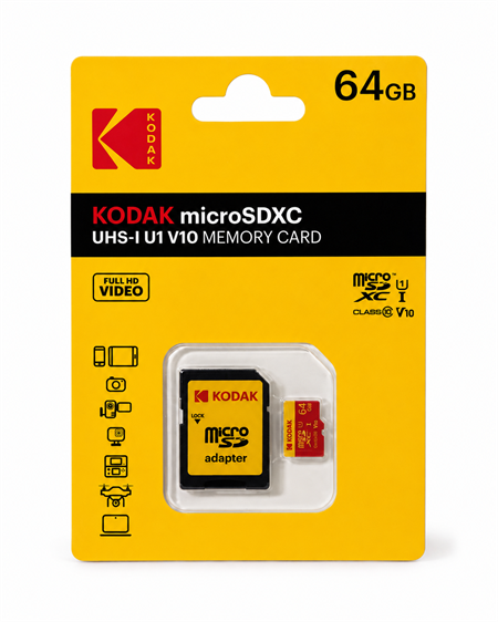 Kodak 64GB Micro SD UHS-I C10 U1 V10 Kart + Adaptör (Kırmızı)
